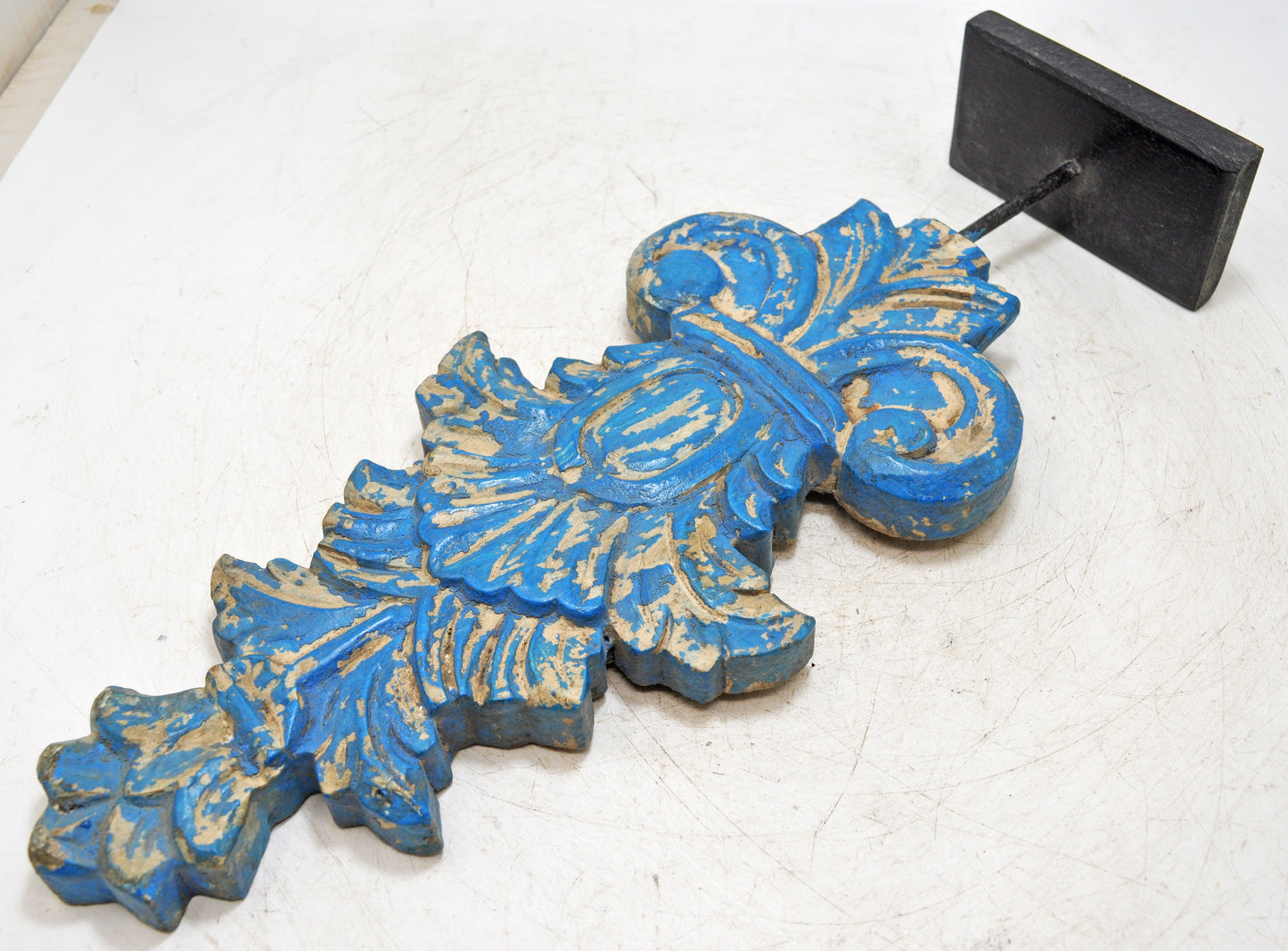 Hand Carved Wooden Flower Carving Panel Plaque on Stand Rustic Blue Painted