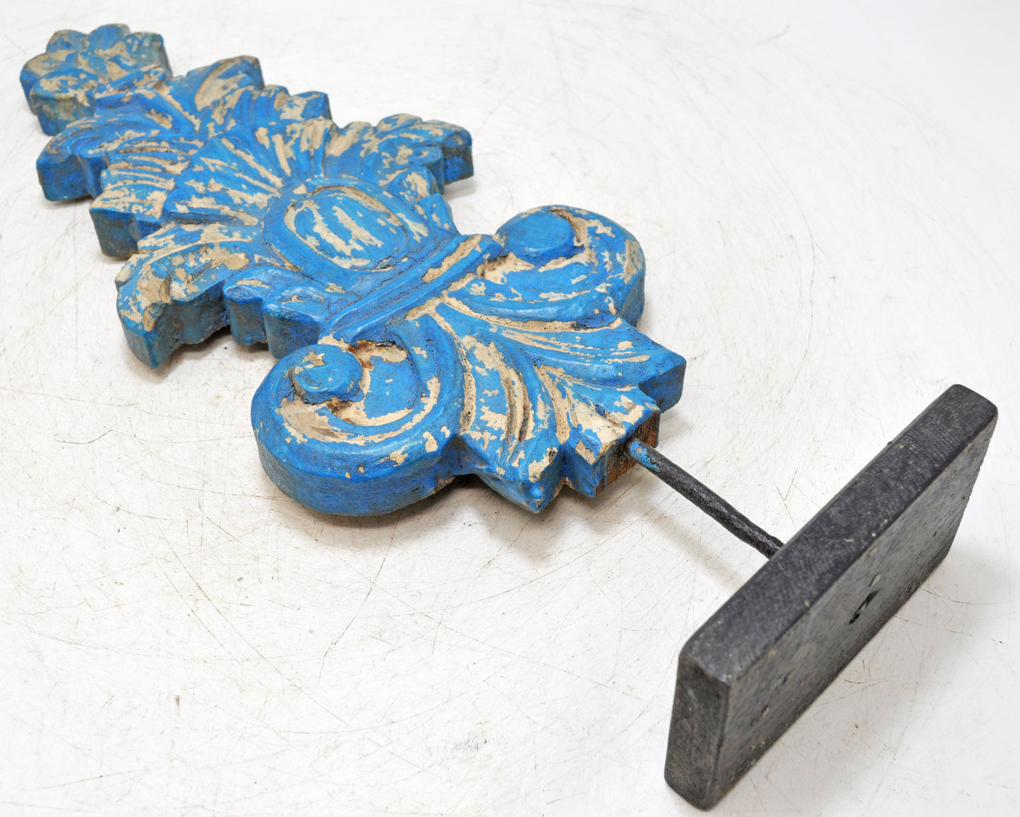 Hand Carved Wooden Flower Carving Panel Plaque on Stand Rustic Blue Painted