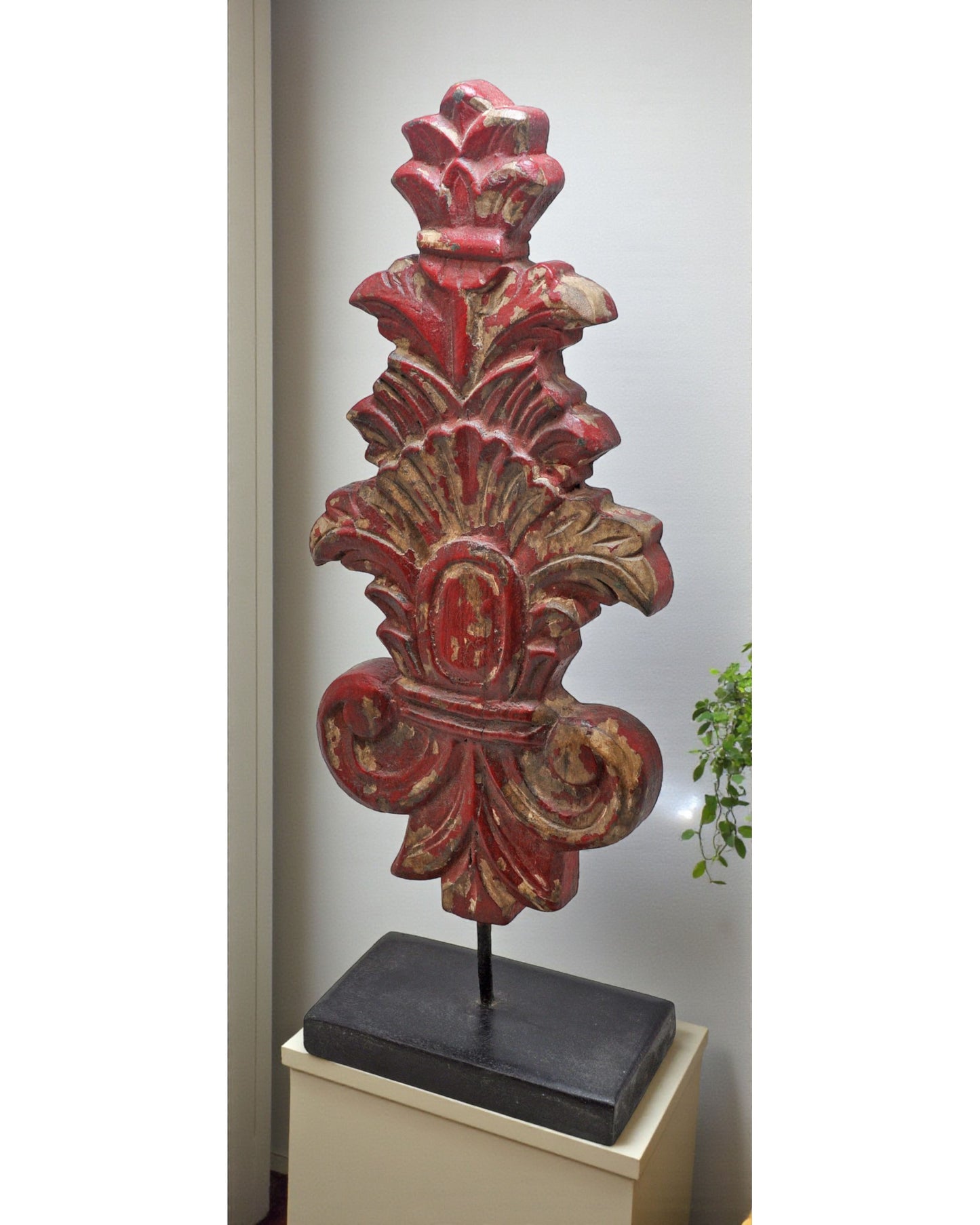 Hand Carved Wooden Flower Carving Panel Plaque on Stand Rustic Red Painted