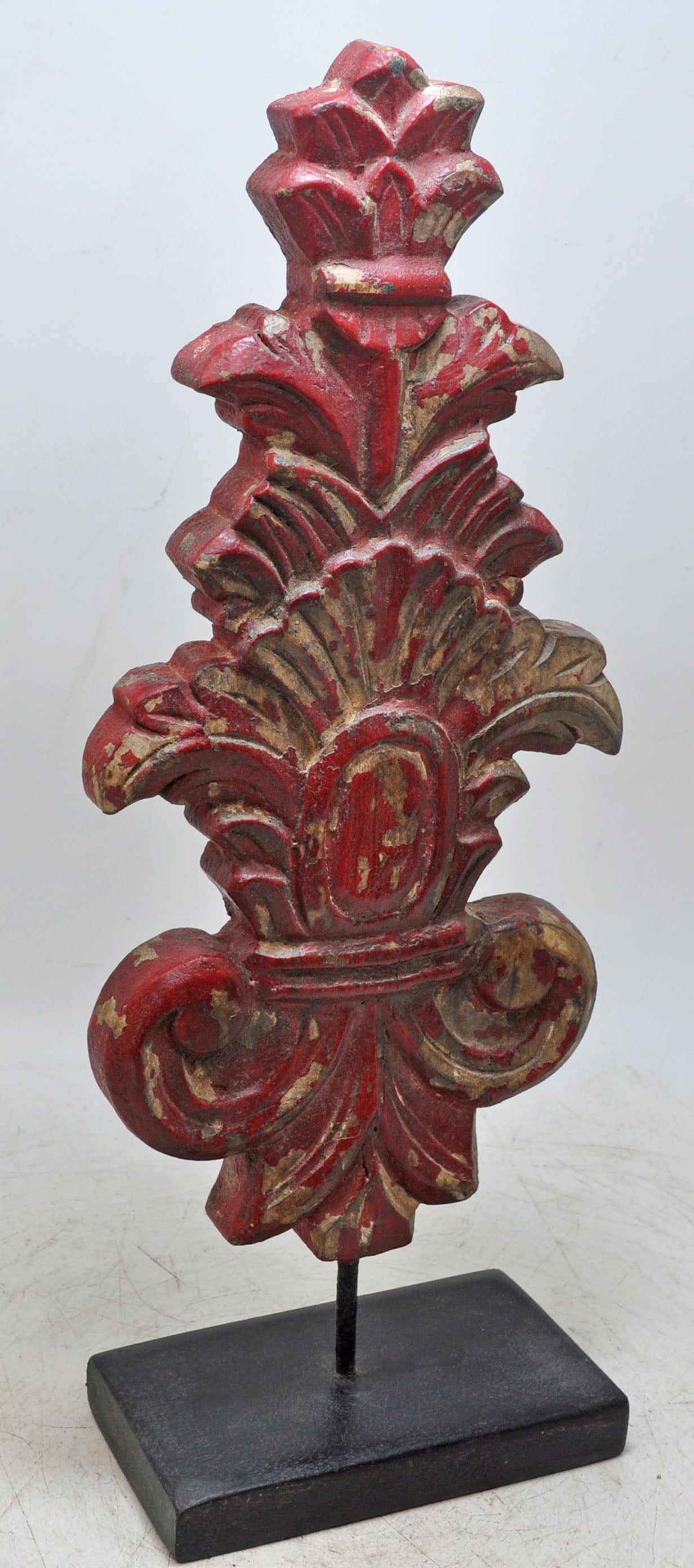 Hand Carved Wooden Flower Carving Panel Plaque on Stand Rustic Red Painted