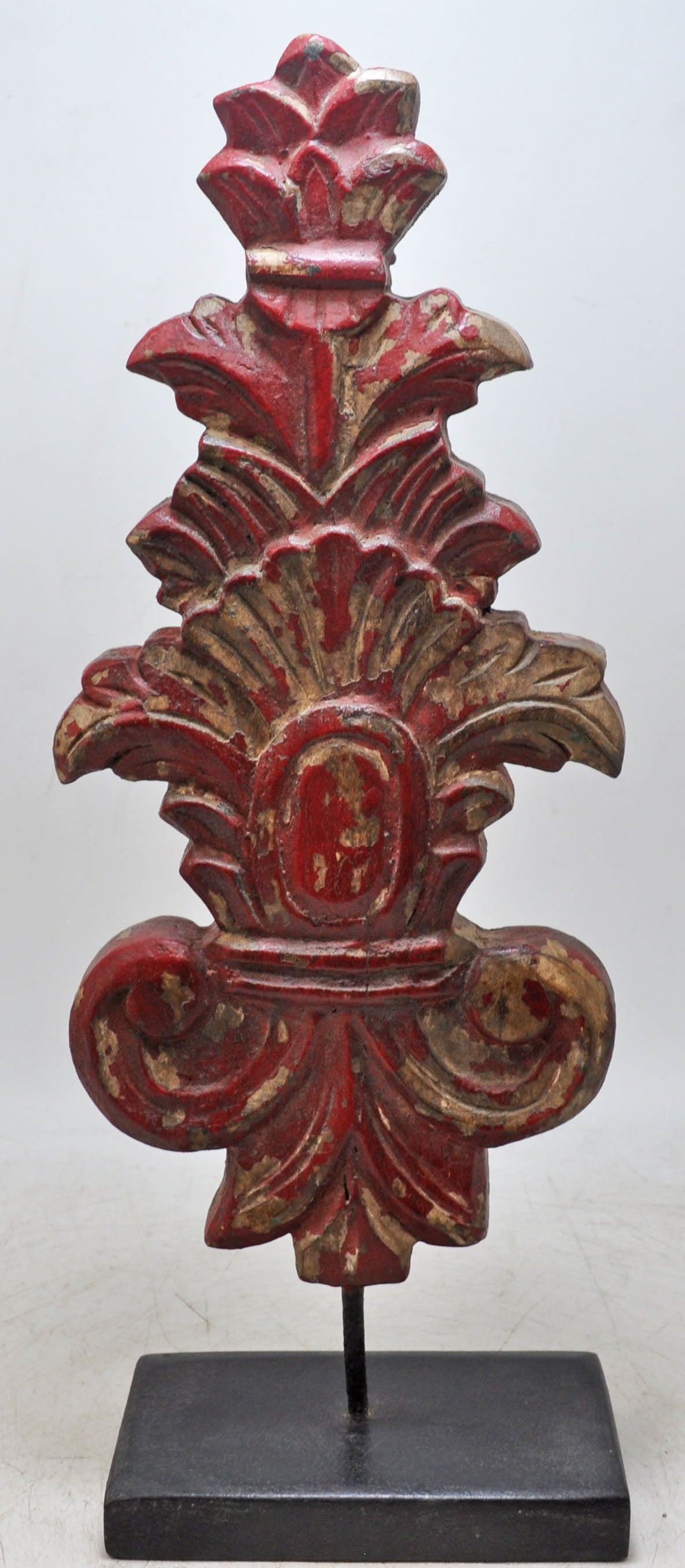 Hand Carved Wooden Flower Carving Panel Plaque on Stand Rustic Red Painted