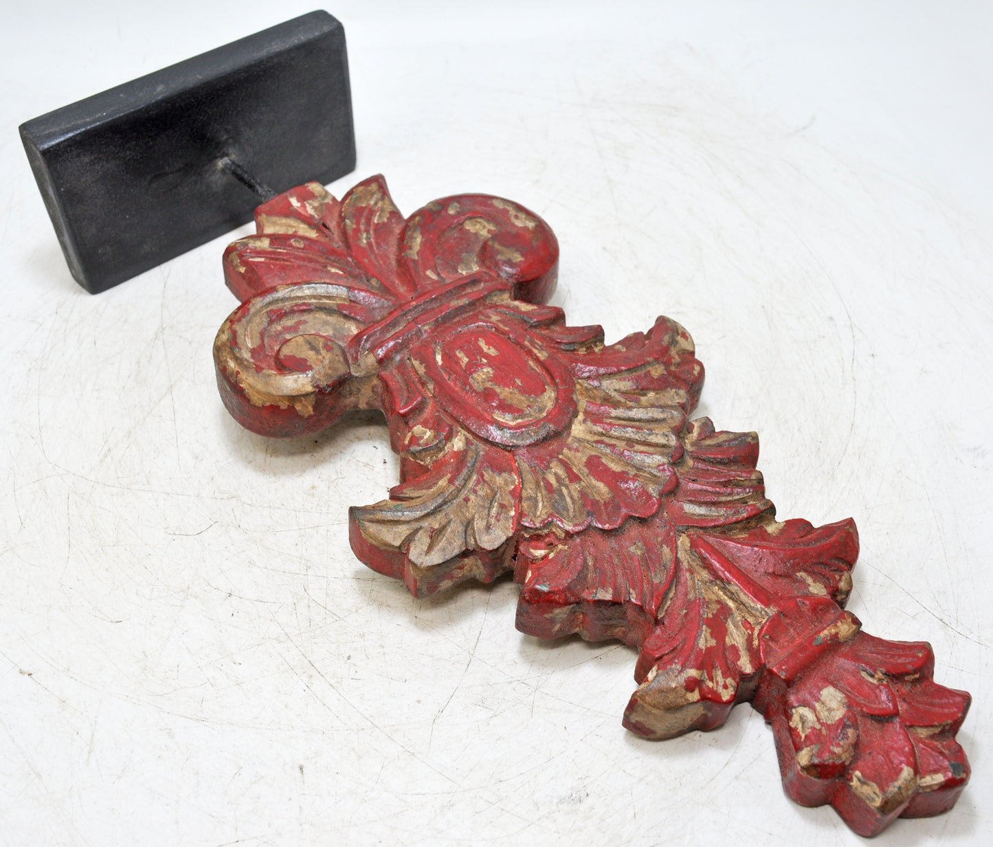 Hand Carved Wooden Flower Carving Panel Plaque on Stand Rustic Red Painted