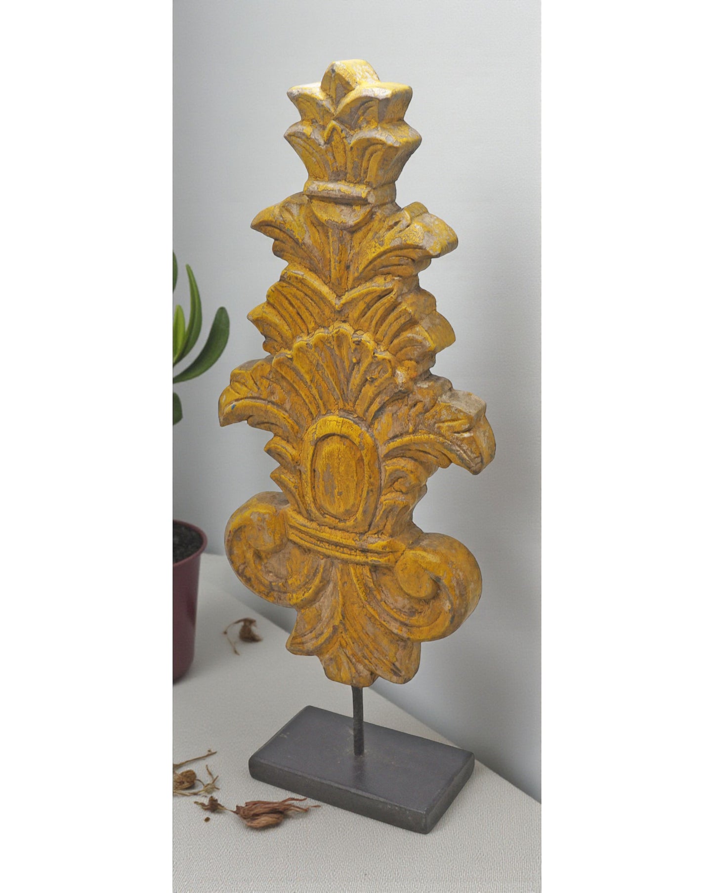 Hand Carved Wooden Flower Carving Panel Plaque on Stand Rustic Yellow Painted