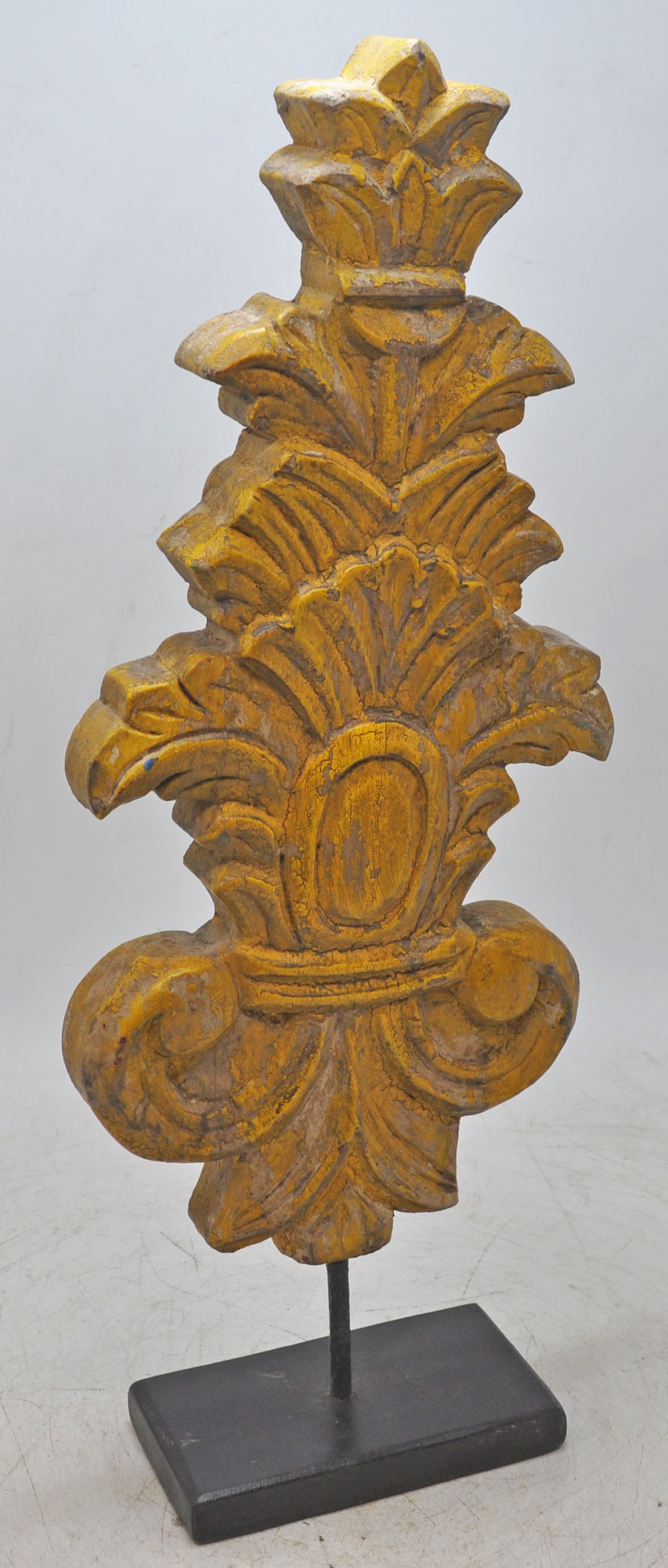 Hand Carved Wooden Flower Carving Panel Plaque on Stand Rustic Yellow Painted