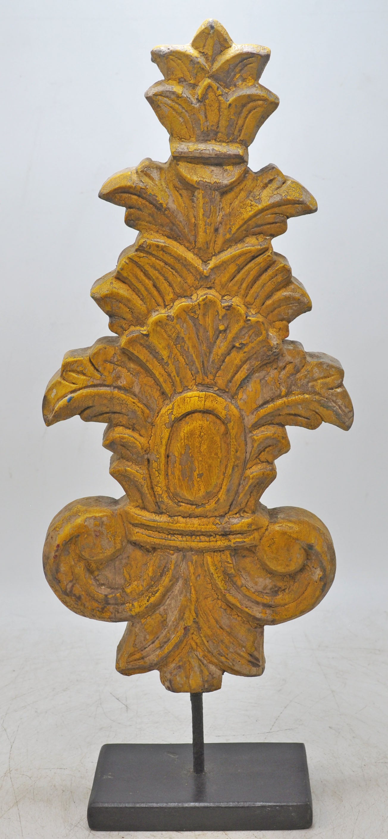 Hand Carved Wooden Flower Carving Panel Plaque on Stand Rustic Yellow Painted