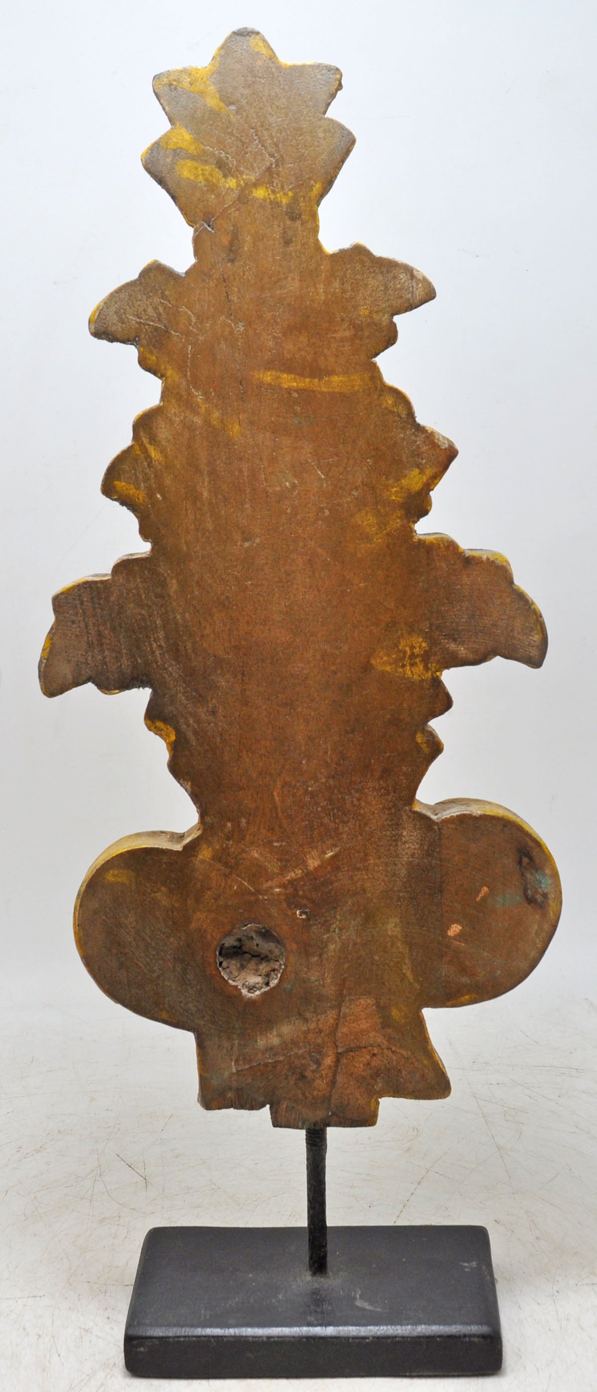 Hand Carved Wooden Flower Carving Panel Plaque on Stand Rustic Yellow Painted