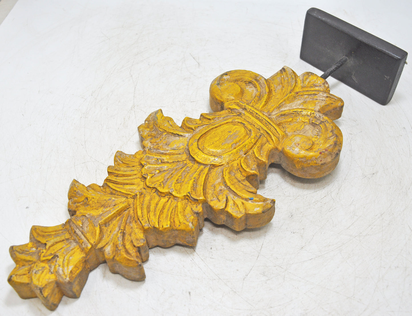 Hand Carved Wooden Flower Carving Panel Plaque on Stand Rustic Yellow Painted
