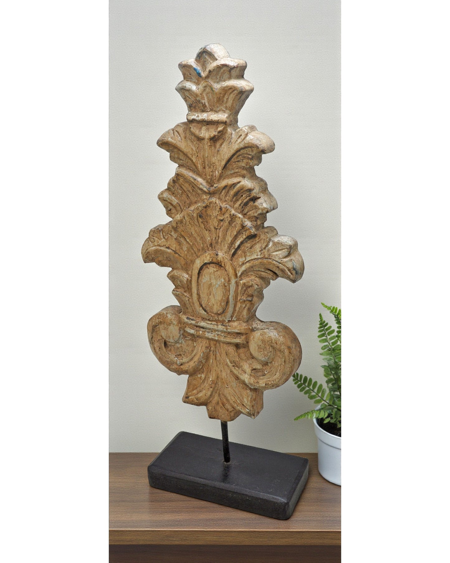 Hand Carved Wooden Flower Carving Panel Plaque on Stand Rustic White Painted