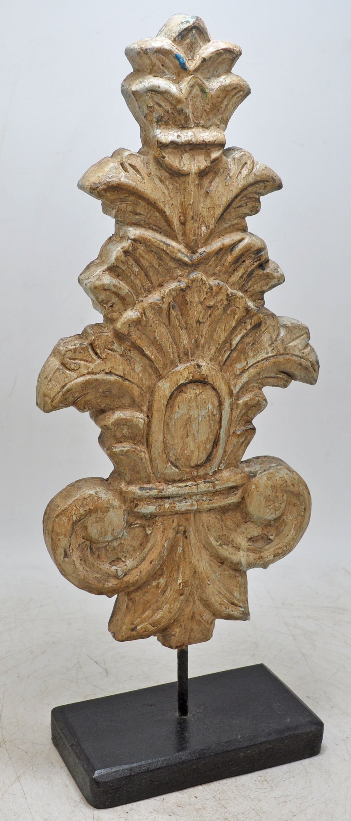 Hand Carved Wooden Flower Carving Panel Plaque on Stand Rustic White Painted