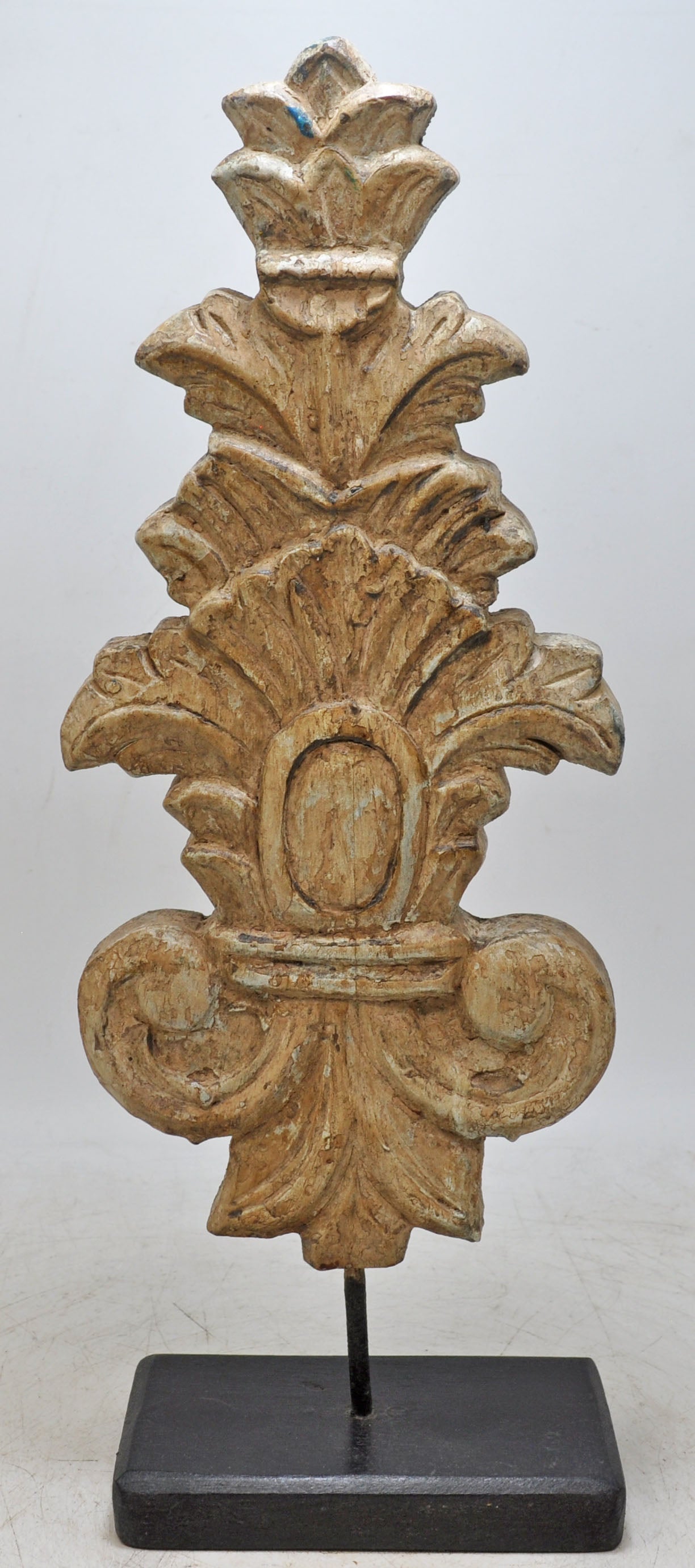 Hand Carved Wooden Flower Carving Panel Plaque on Stand Rustic White Painted