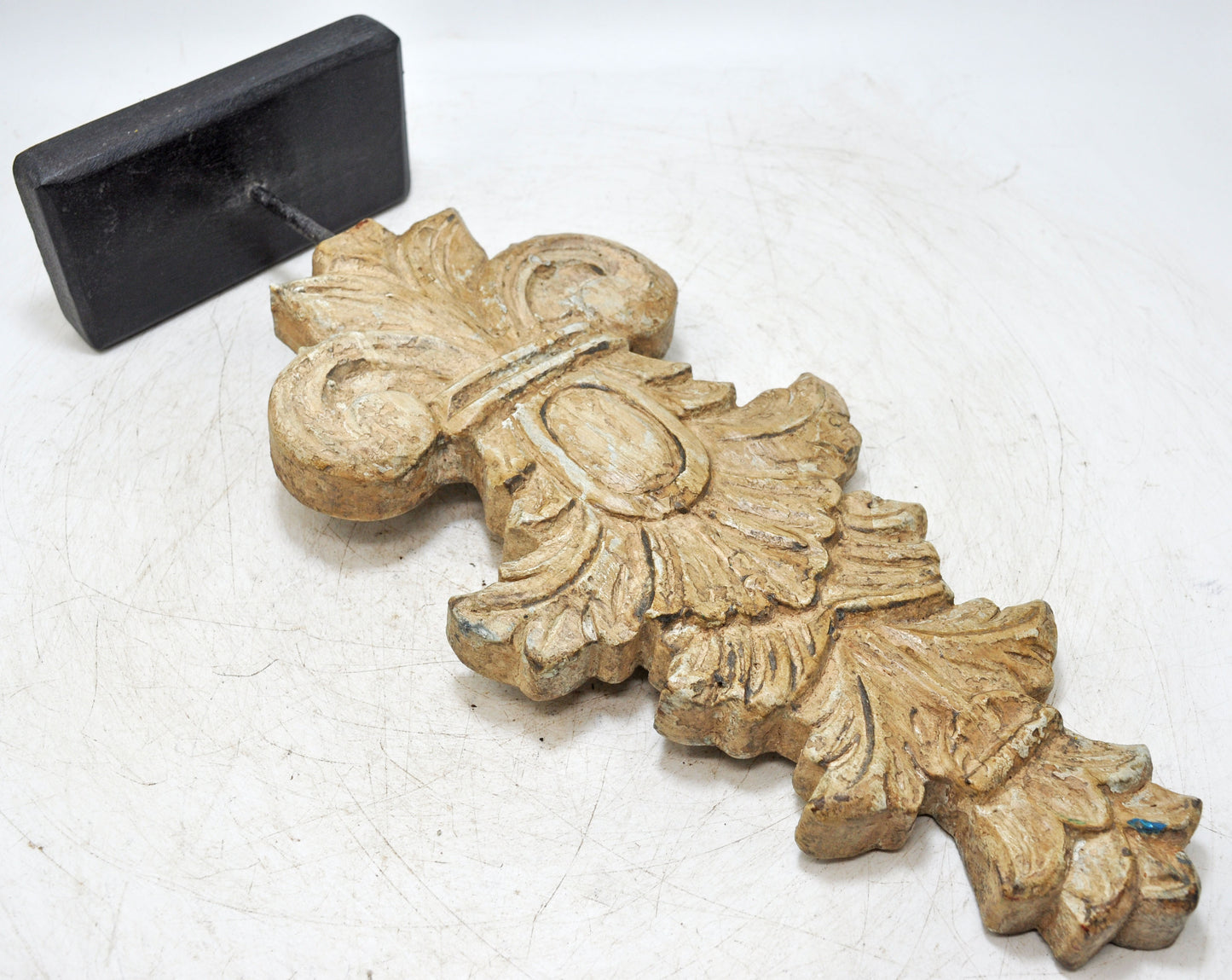 Hand Carved Wooden Flower Carving Panel Plaque on Stand Rustic White Painted