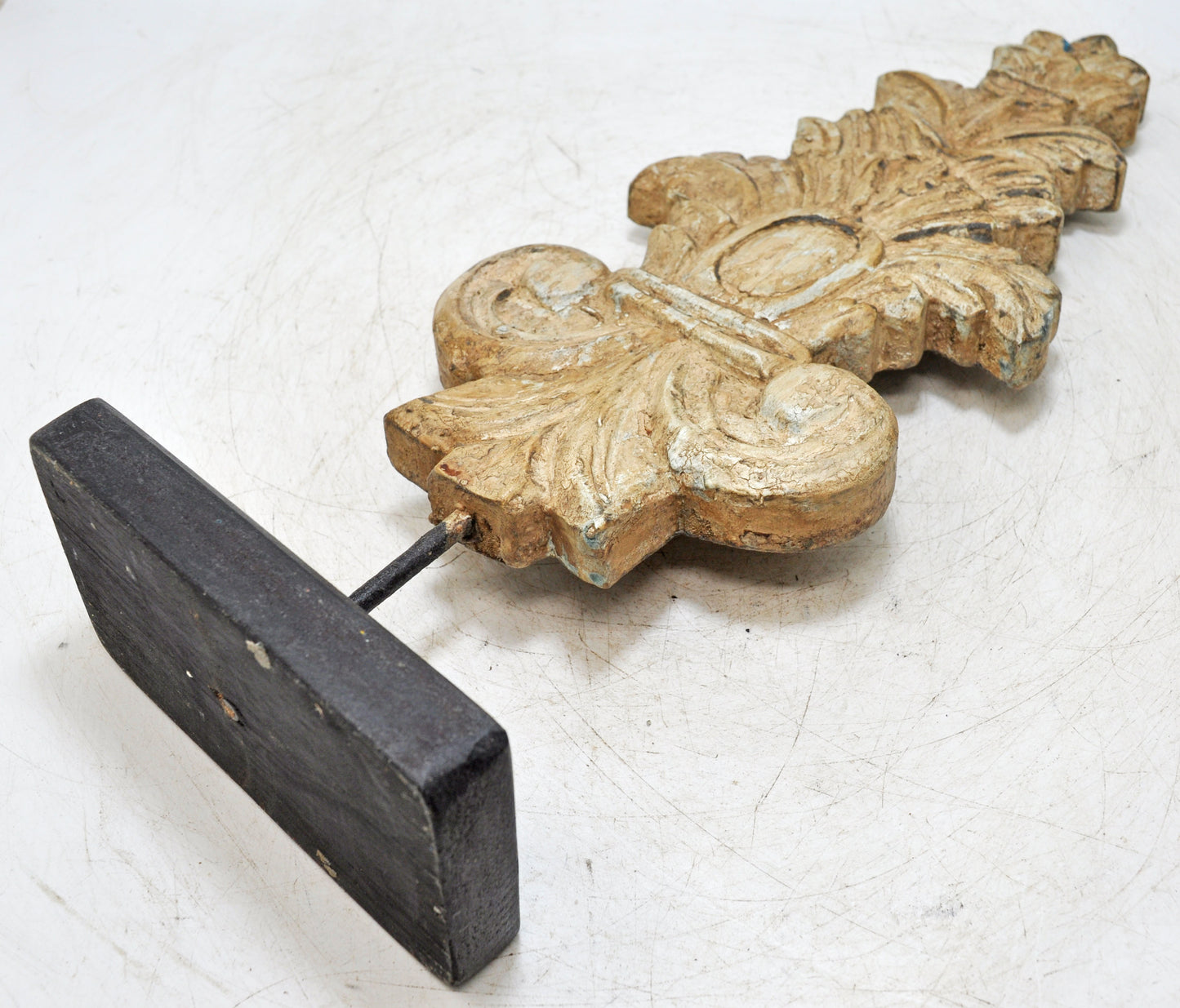 Hand Carved Wooden Flower Carving Panel Plaque on Stand Rustic White Painted