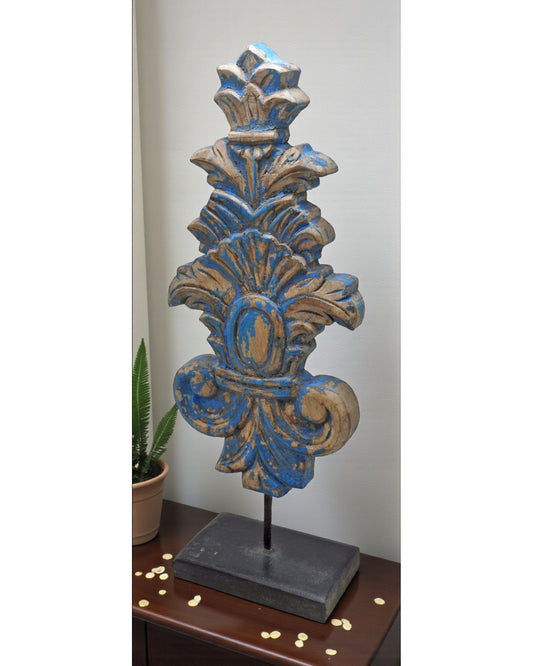 Hand Carved Wooden Flower Carving Panel Plaque on Stand Rustic Blue Painted