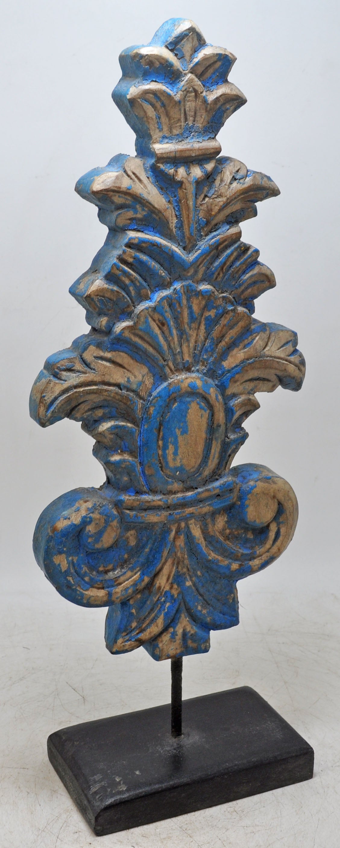 Hand Carved Wooden Flower Carving Panel Plaque on Stand Rustic Blue Painted