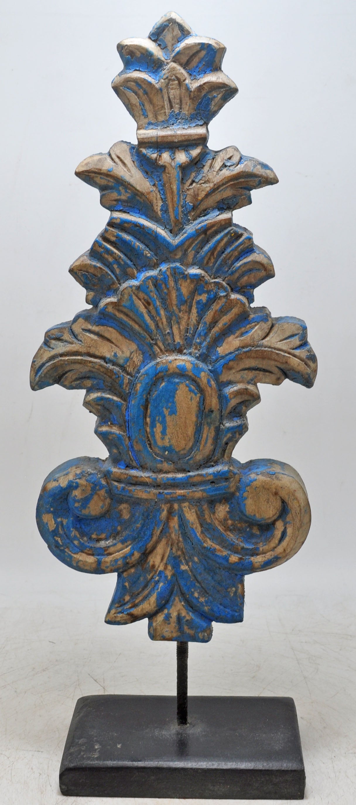 Hand Carved Wooden Flower Carving Panel Plaque on Stand Rustic Blue Painted