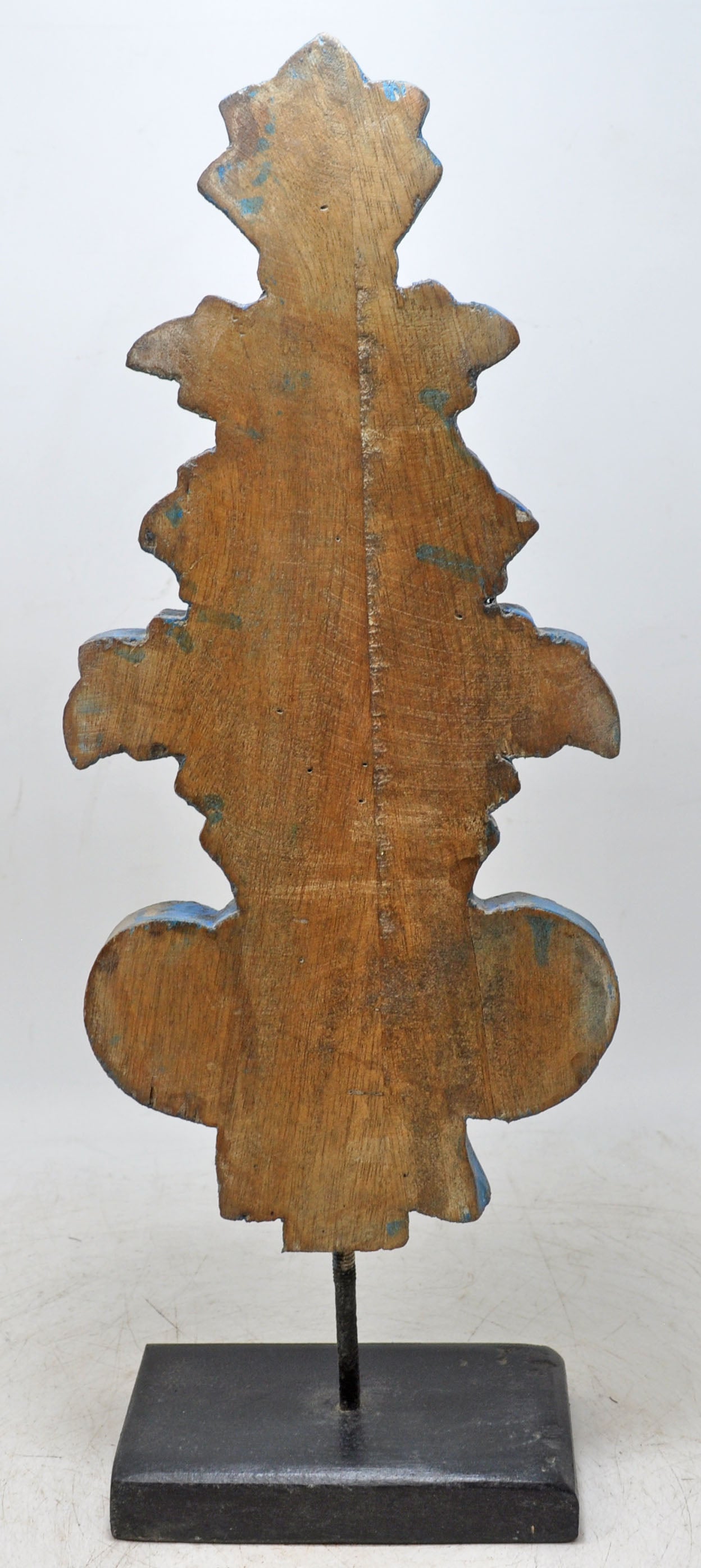 Hand Carved Wooden Flower Carving Panel Plaque on Stand Rustic Blue Painted