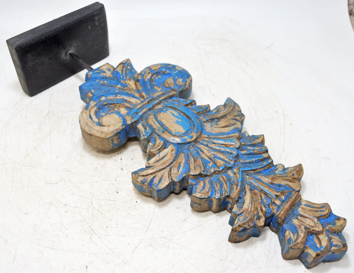 Hand Carved Wooden Flower Carving Panel Plaque on Stand Rustic Blue Painted