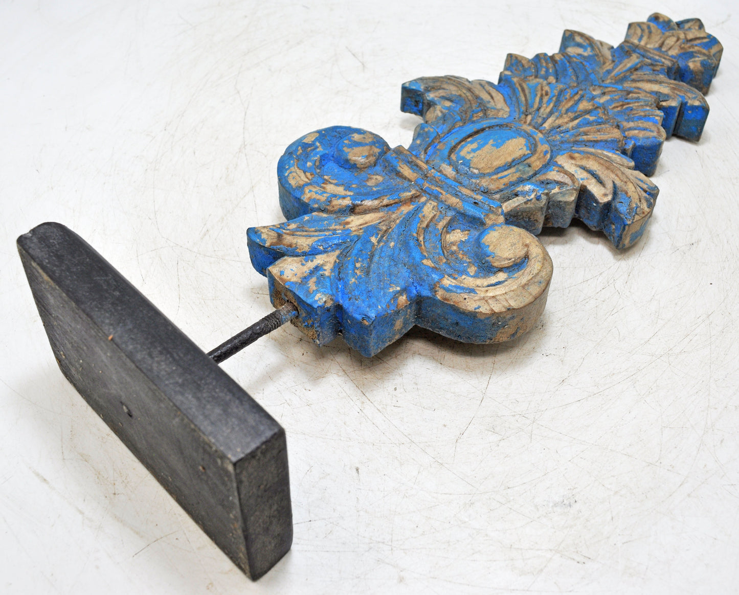 Hand Carved Wooden Flower Carving Panel Plaque on Stand Rustic Blue Painted