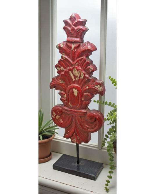 Hand Carved Wooden Flower Carving Panel Plaque on Stand Rustic Red Painted