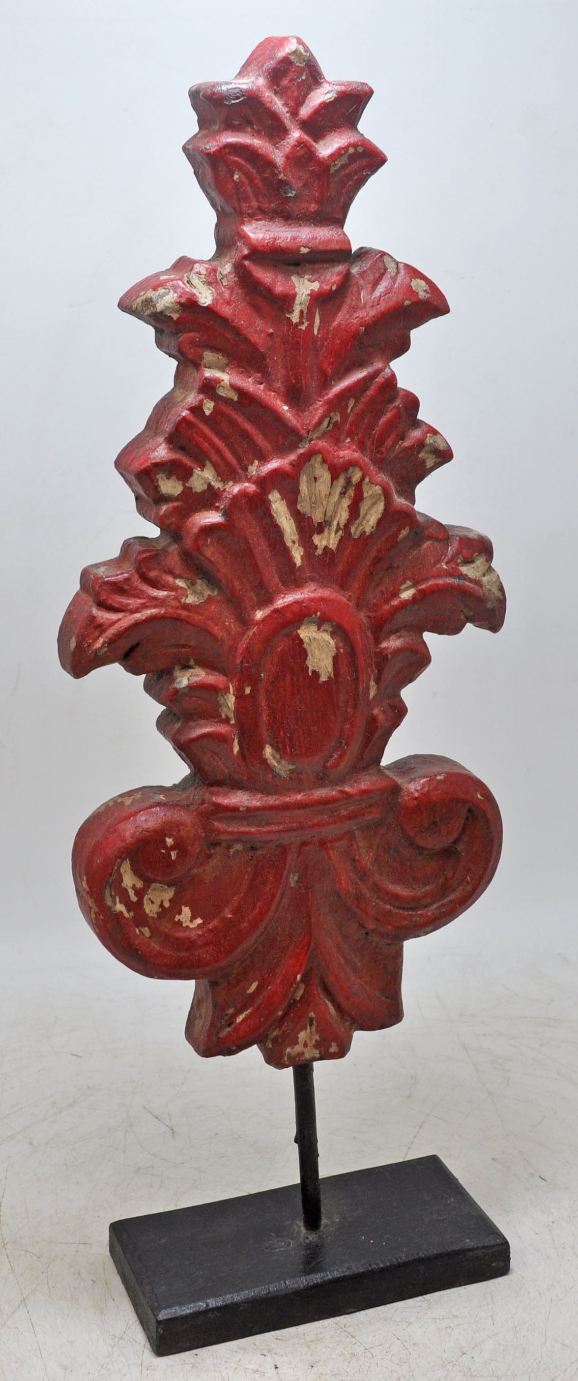 Hand Carved Wooden Flower Carving Panel Plaque on Stand Rustic Red Painted
