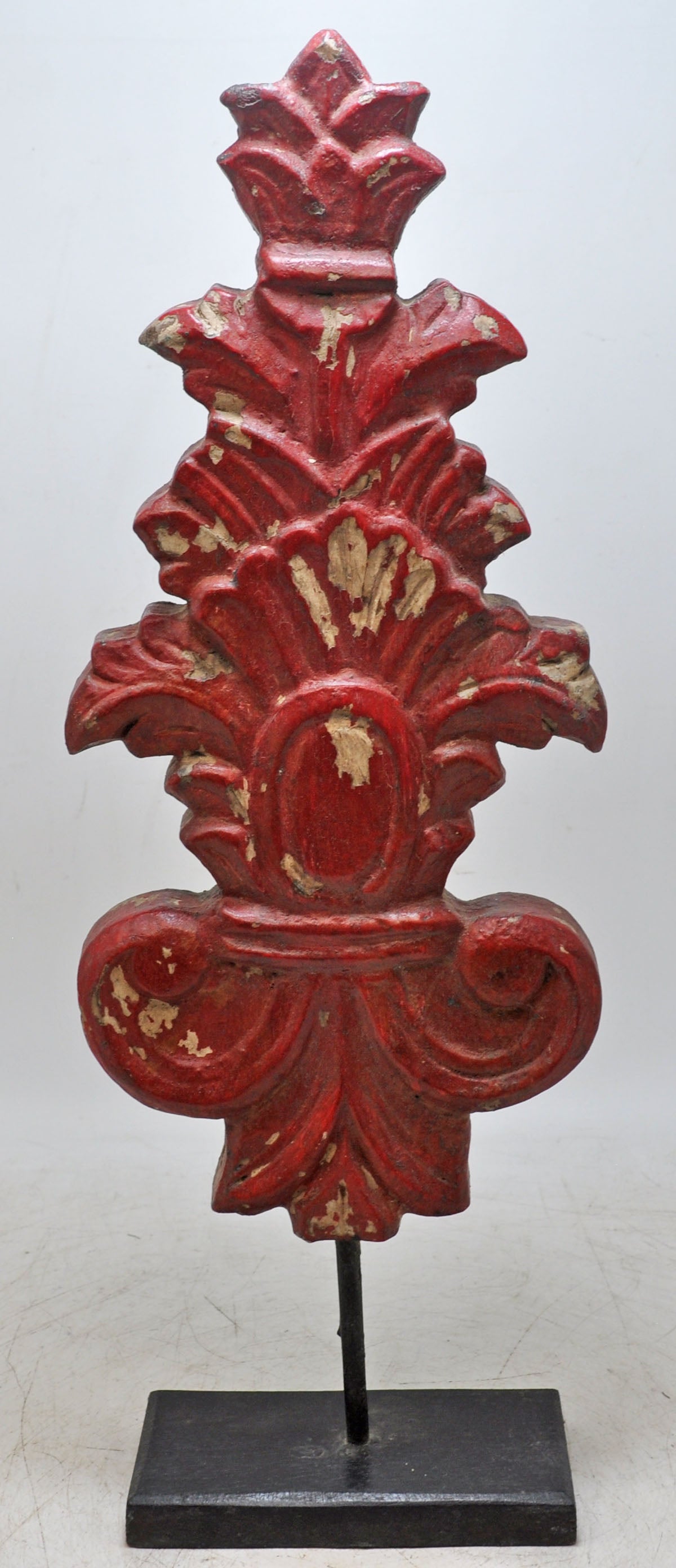Hand Carved Wooden Flower Carving Panel Plaque on Stand Rustic Red Painted
