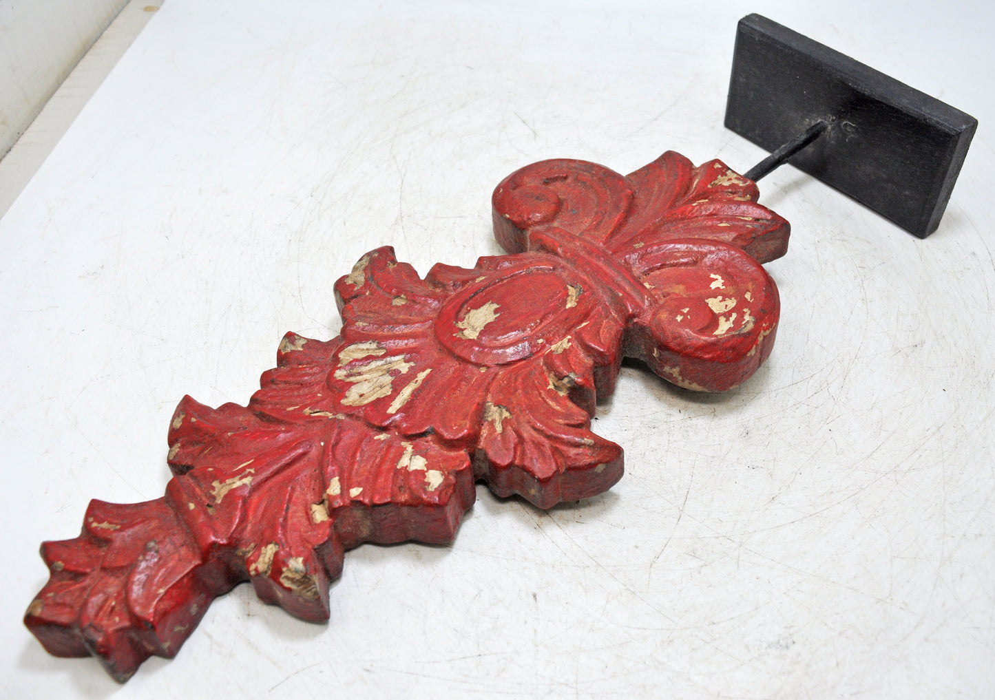 Hand Carved Wooden Flower Carving Panel Plaque on Stand Rustic Red Painted