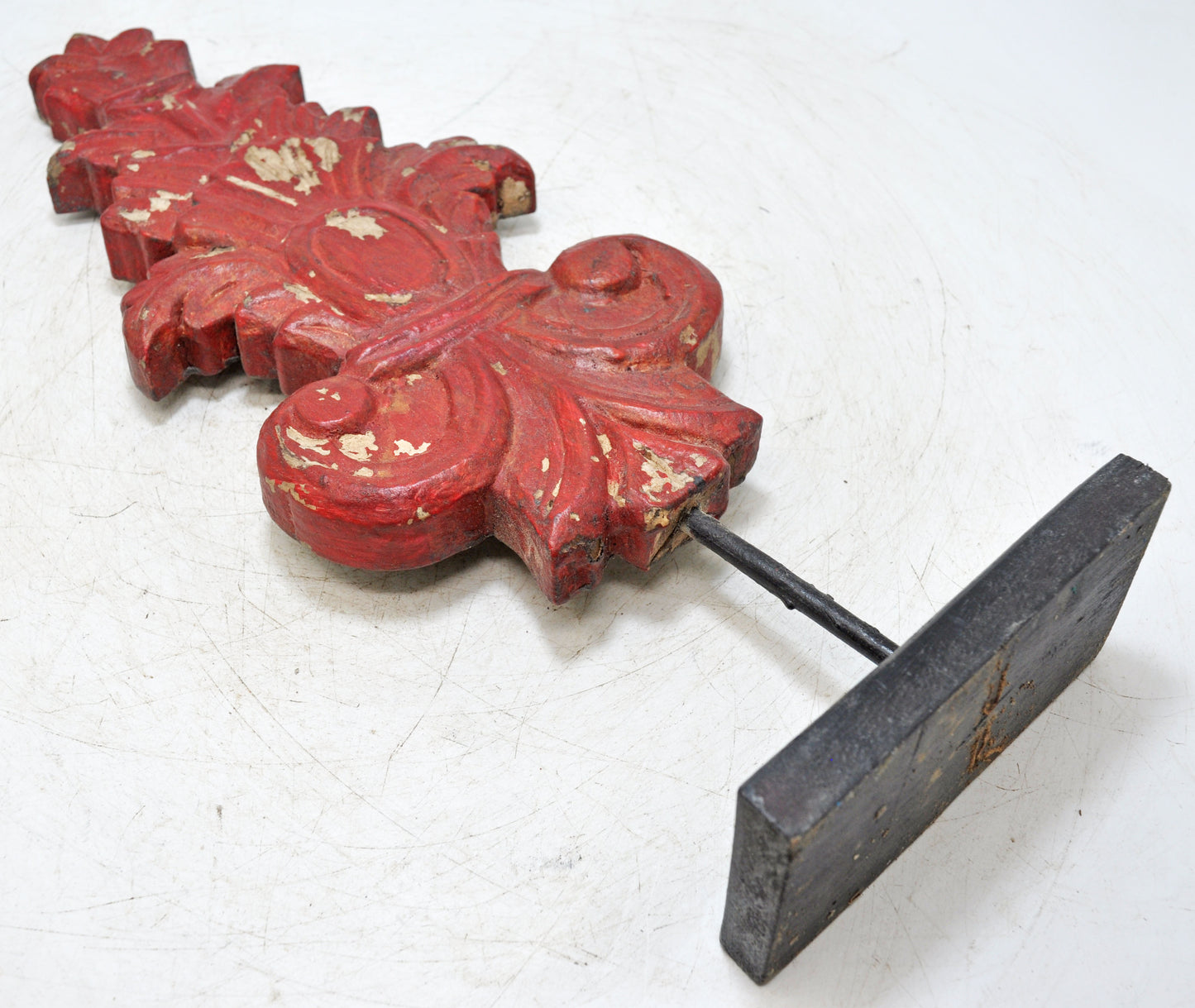 Hand Carved Wooden Flower Carving Panel Plaque on Stand Rustic Red Painted