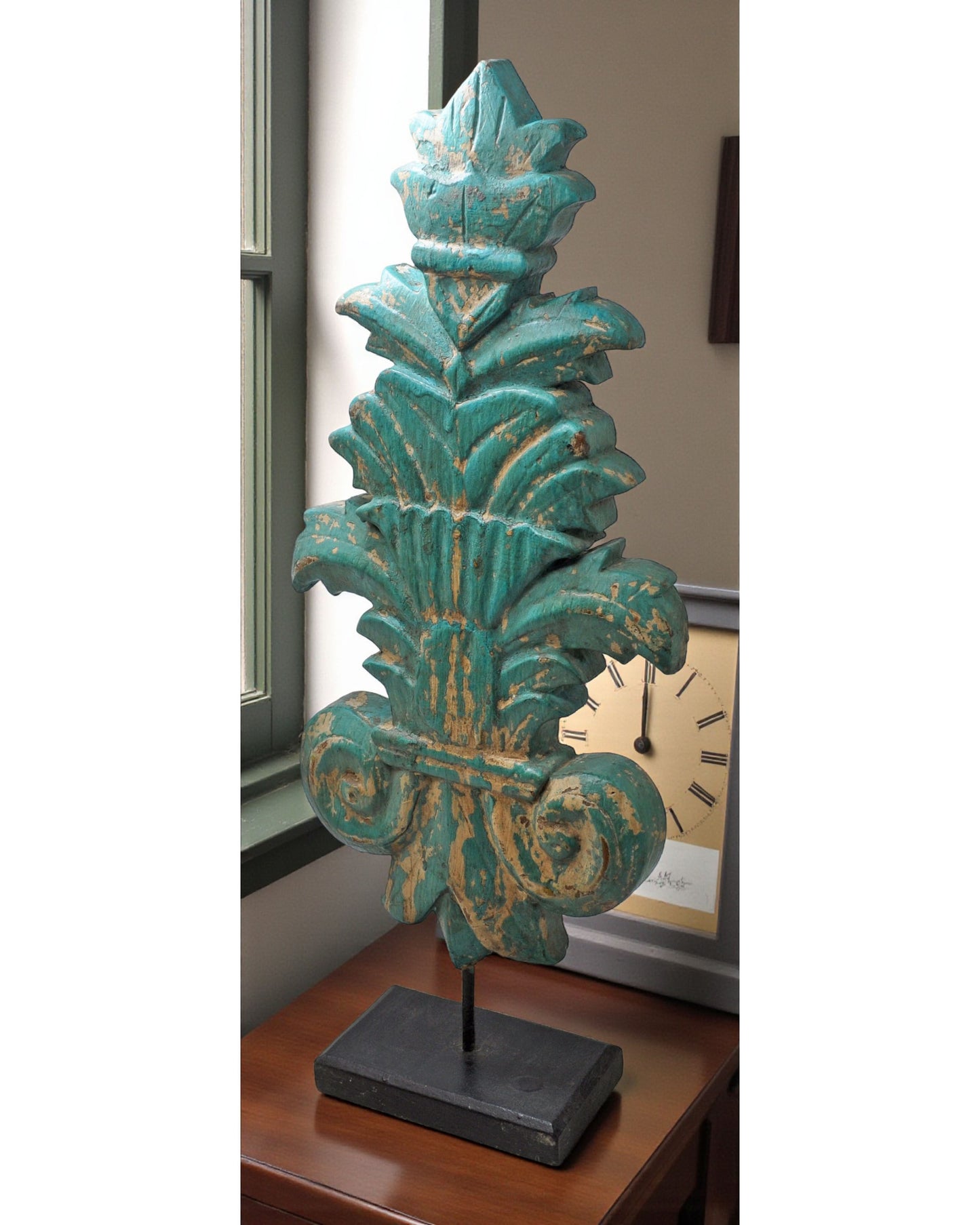 Hand Carved Wooden Flower Carving Panel Plaque on Stand Rustic Green Painted