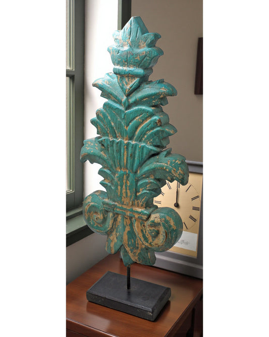 Hand Carved Wooden Flower Carving Panel Plaque on Stand Rustic Green Painted