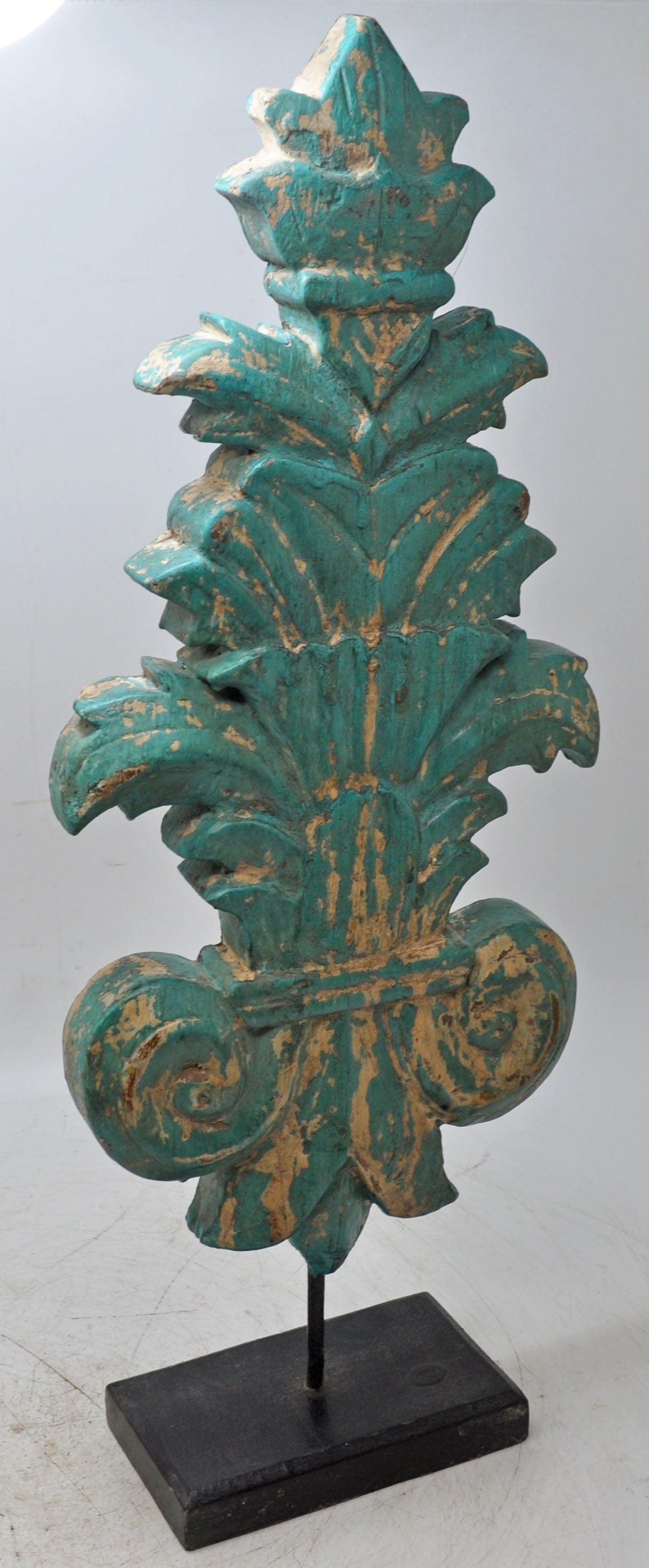 Hand Carved Wooden Flower Carving Panel Plaque on Stand Rustic Green Painted