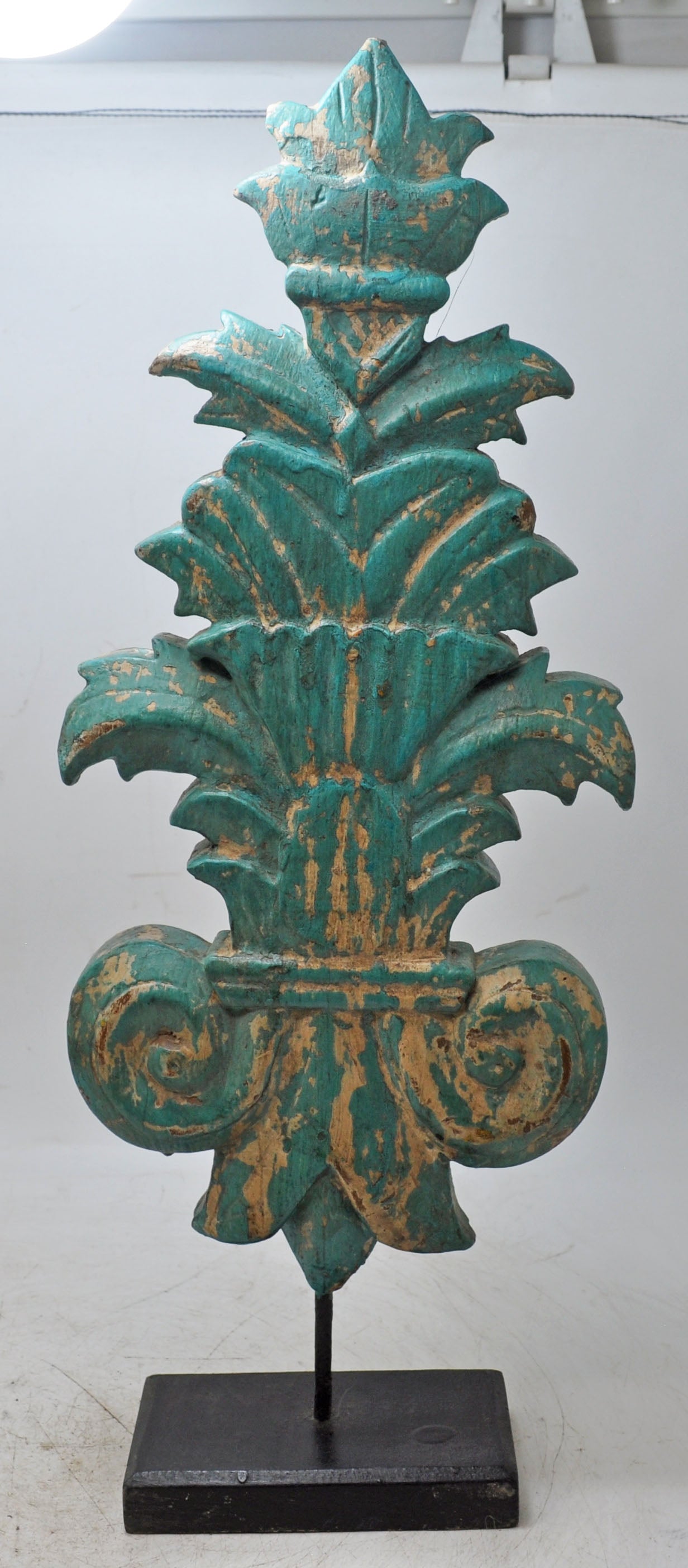 Hand Carved Wooden Flower Carving Panel Plaque on Stand Rustic Green Painted