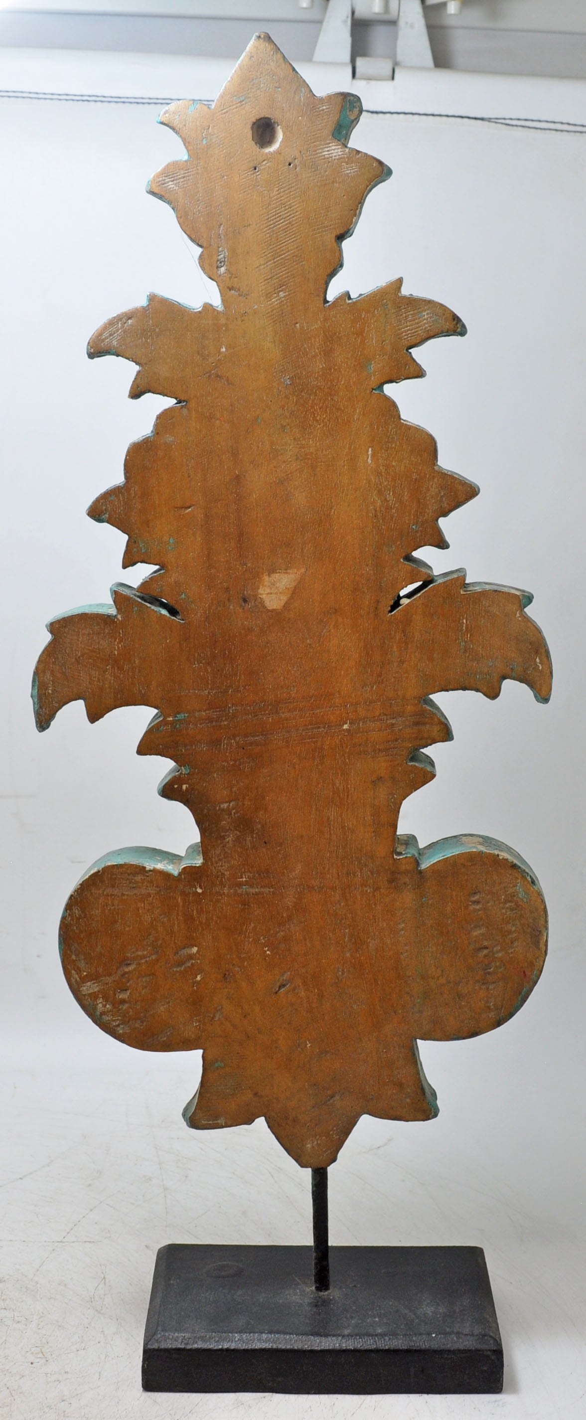 Hand Carved Wooden Flower Carving Panel Plaque on Stand Rustic Green Painted