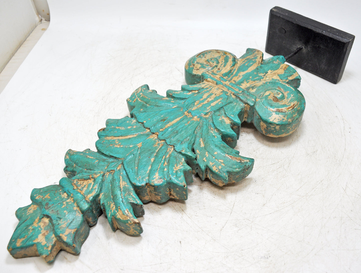 Hand Carved Wooden Flower Carving Panel Plaque on Stand Rustic Green Painted