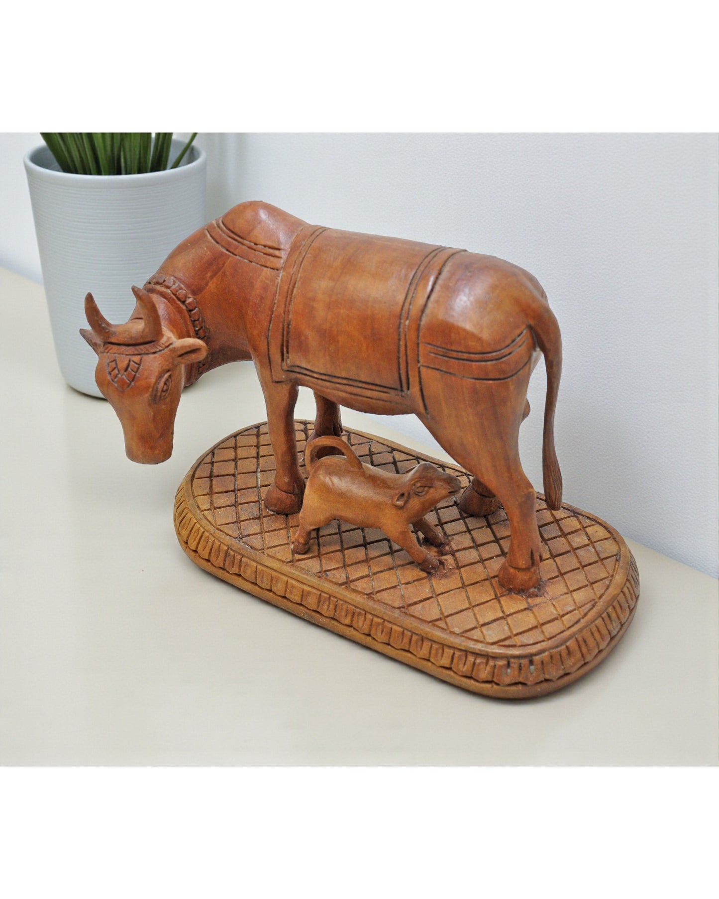 Vintage Wooden Very Fine Cow Nandi With Calf Figurnie Original Old Hand Carved