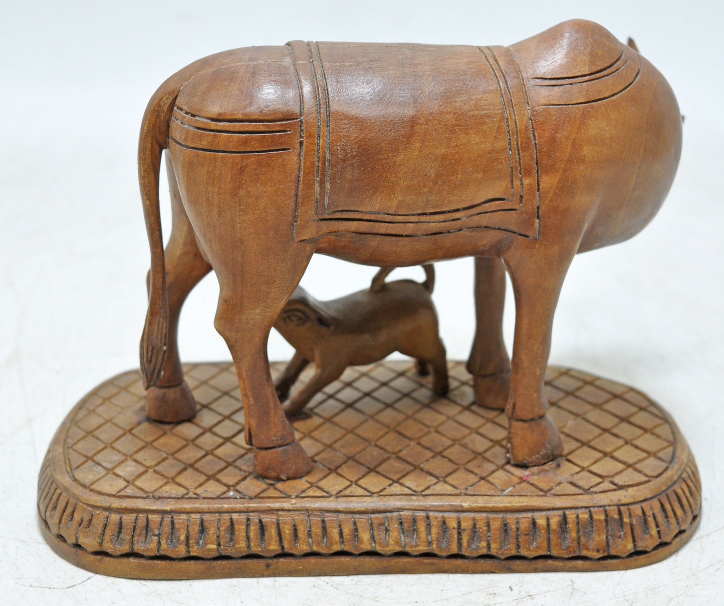 Vintage Wooden Very Fine Cow Nandi With Calf Figurnie Original Old Hand Carved