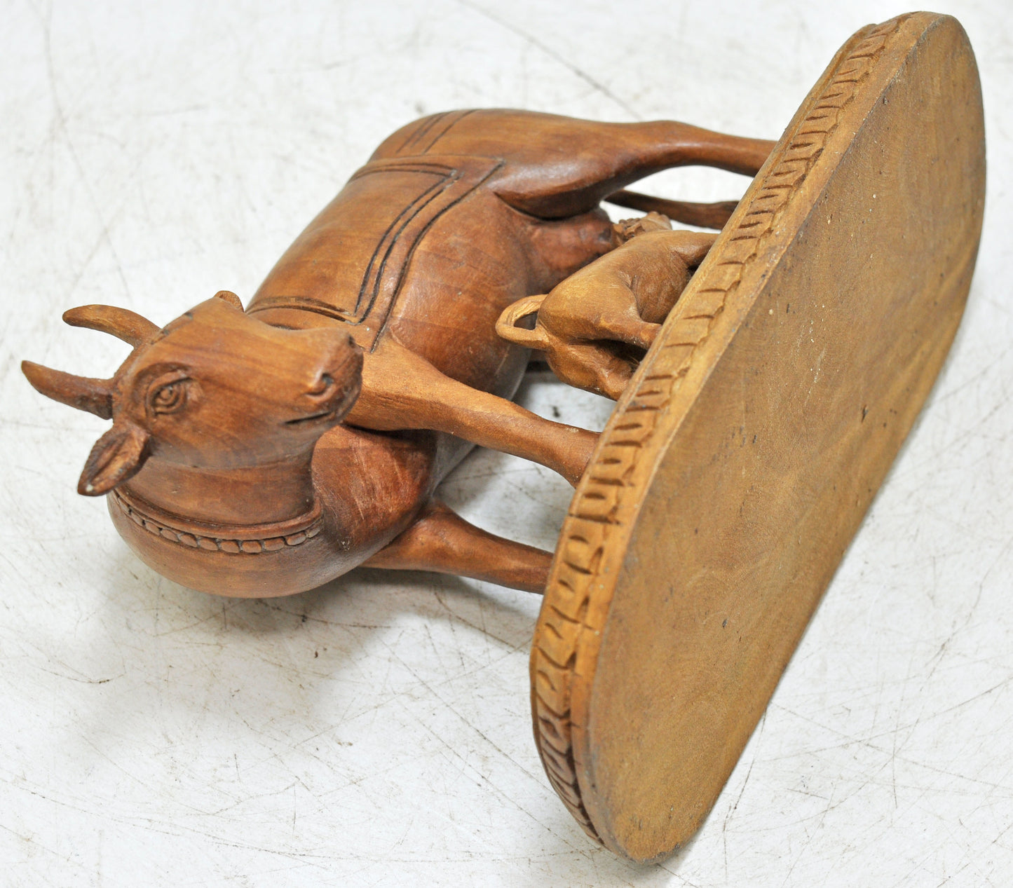 Vintage Wooden Very Fine Cow Nandi With Calf Figurnie Original Old Hand Carved