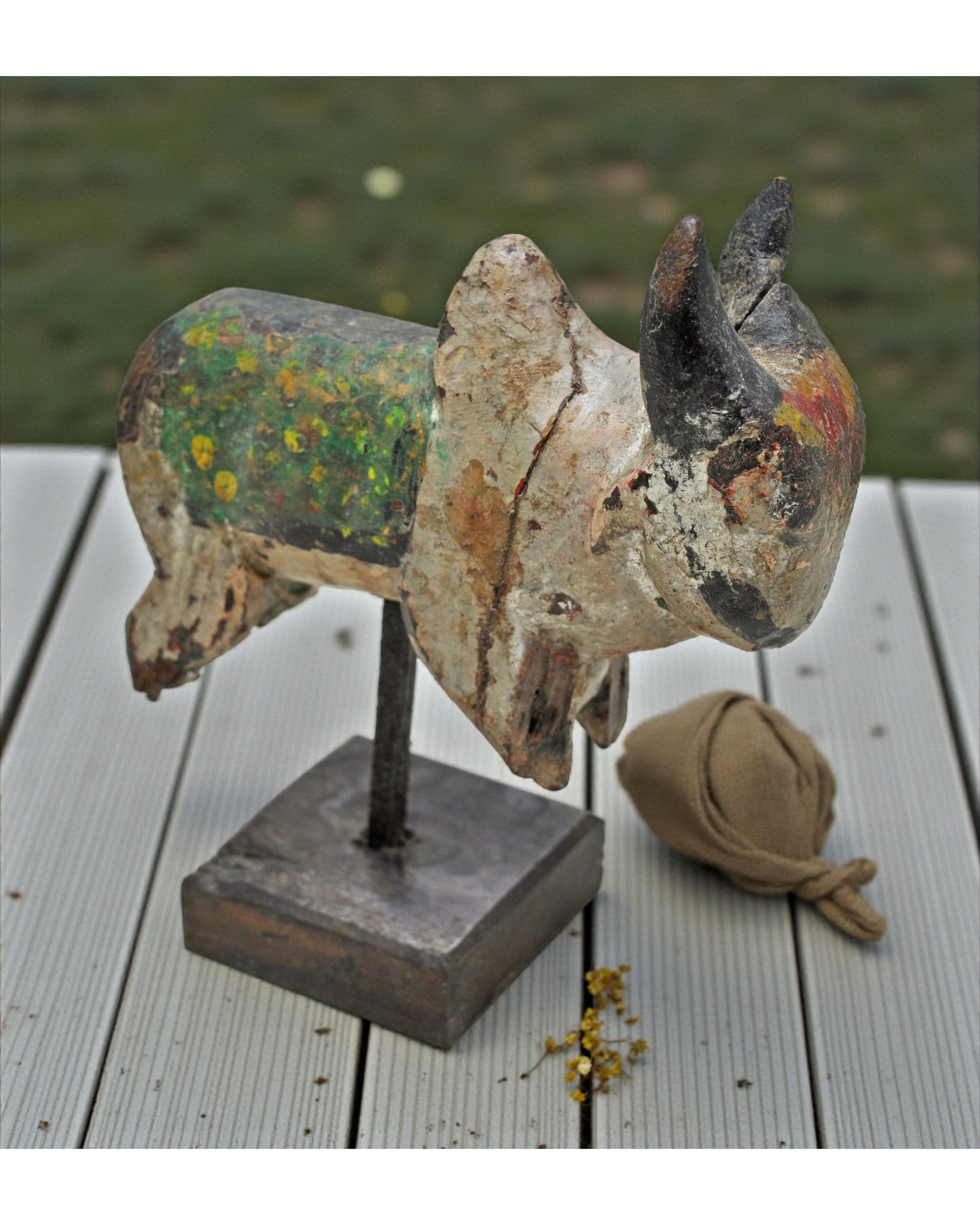 Antique Wooden Holy Cow Nandi Figurne Original Old Hand Carved Painted