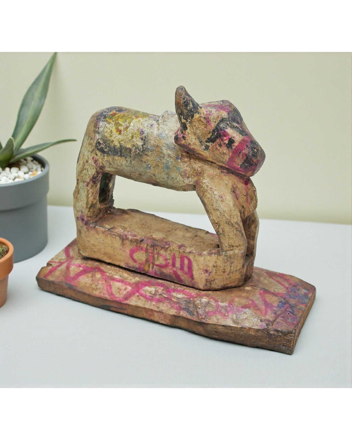 Antique Wooden Holy Cow Nandi Figurne Original Old Hand Carved Painted