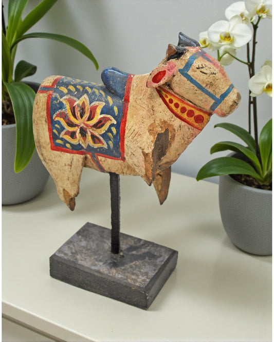 Antique Wooden Holy Cow Nandi Figurne Original Old Hand Carved Painted