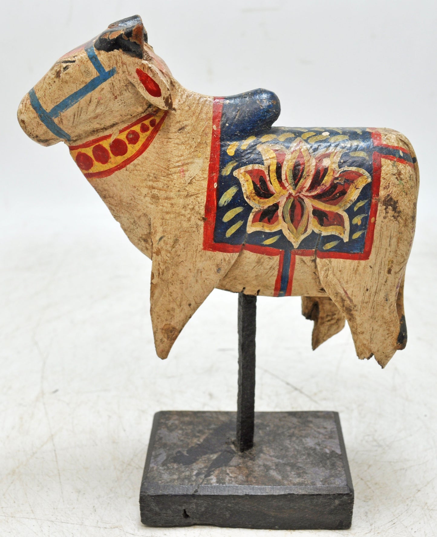 Antique Wooden Holy Cow Nandi Figurne Original Old Hand Carved Painted