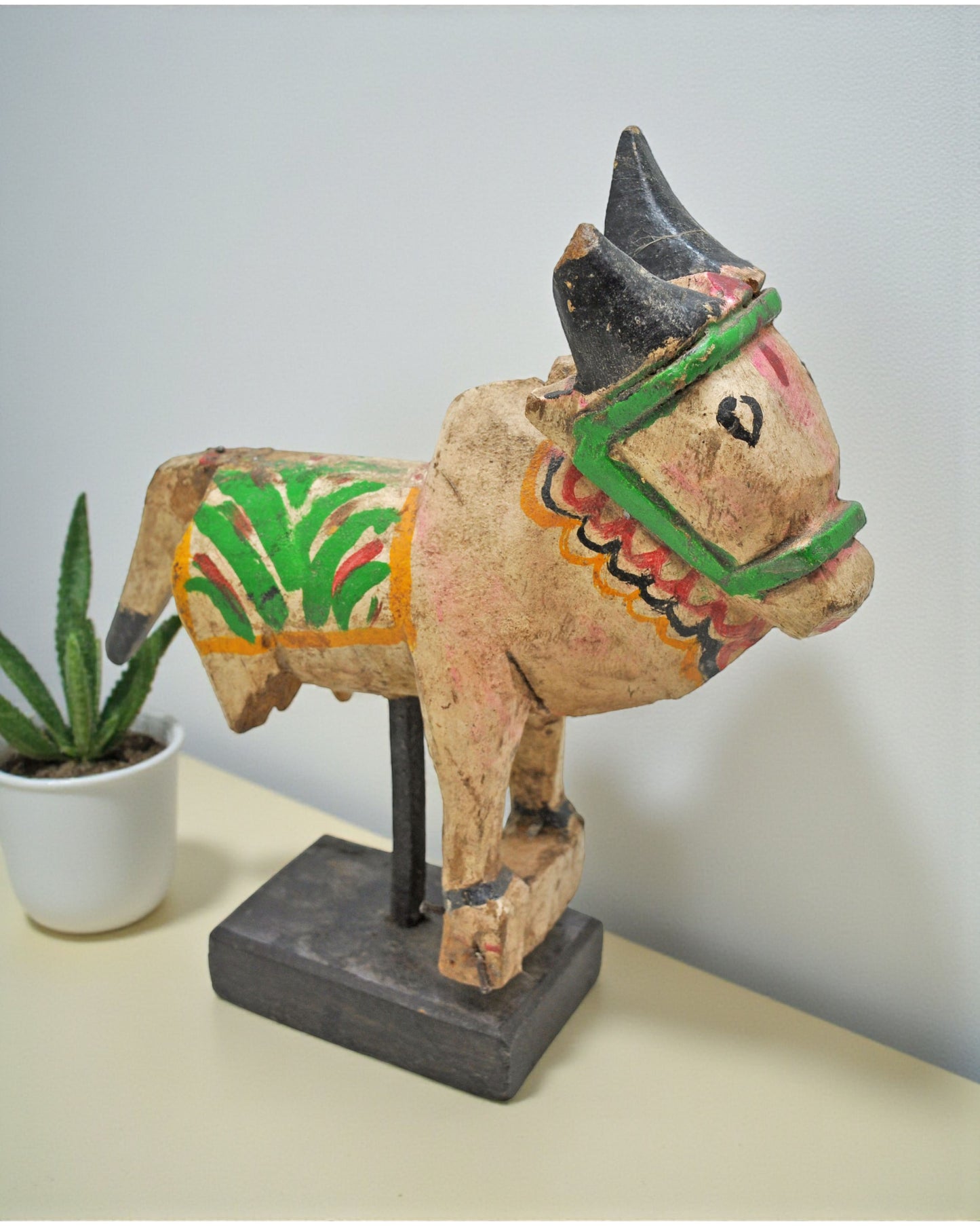 Antique Wooden Holy Cow Nandi Figurne Original Old Hand Carved Painted