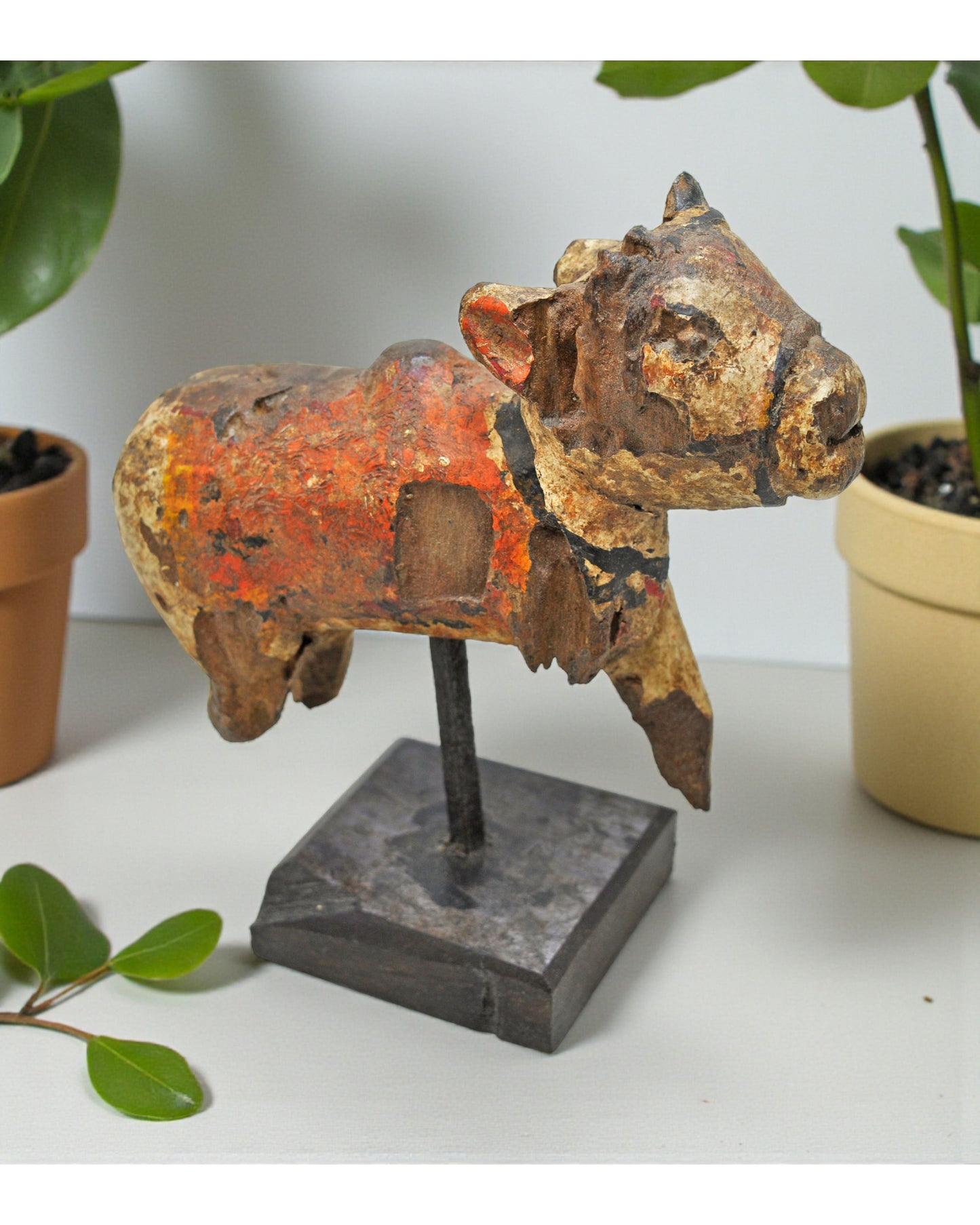 Antique Wooden Holy Cow Nandi Figurne Original Old Hand Carved Painted