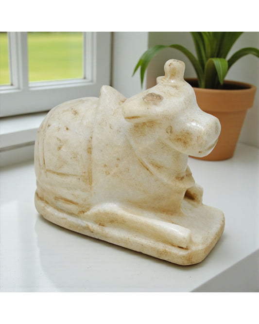 Vintage White Marble Holy Cow Nandi Figurine Original Old Fine Hand Carved