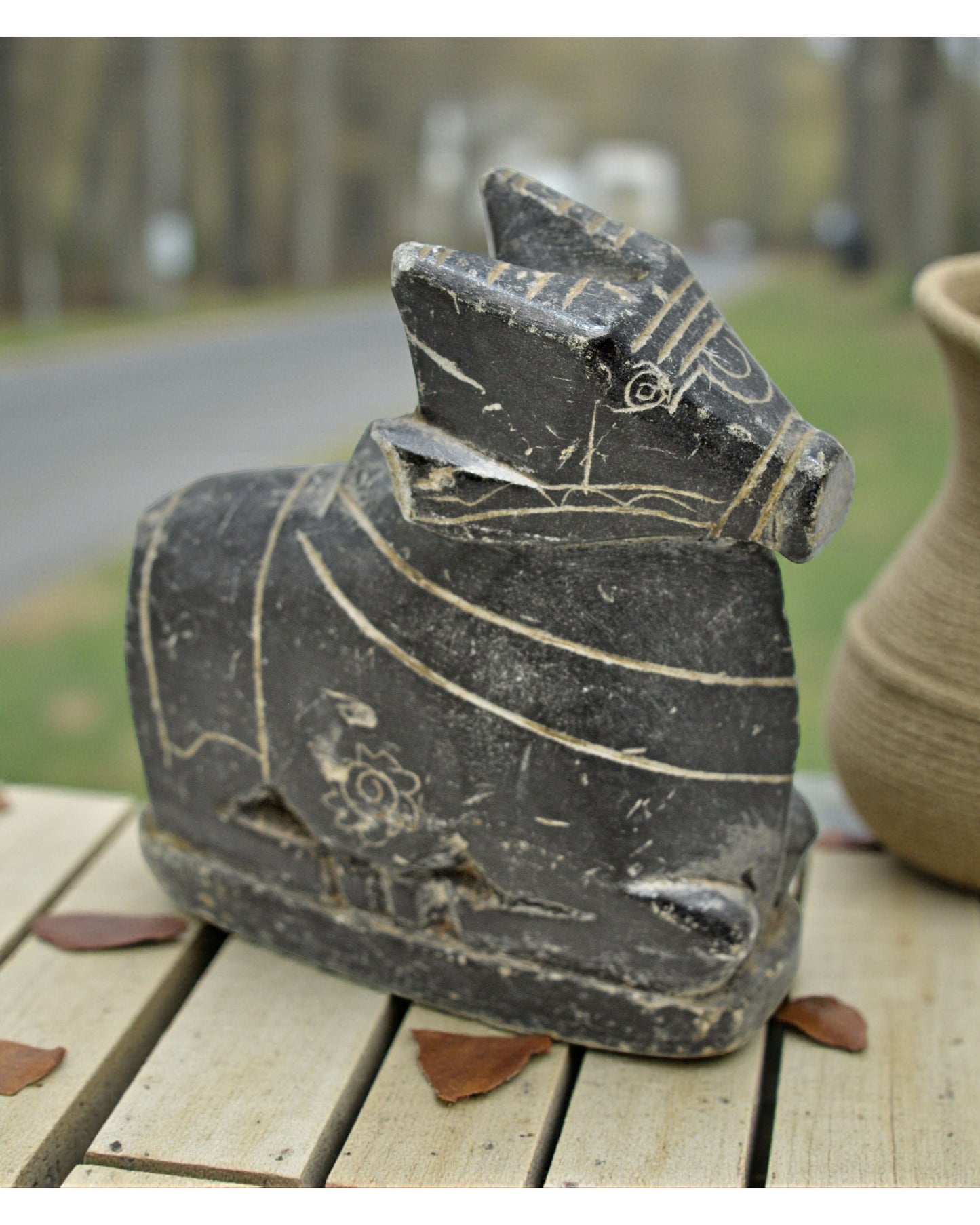 Vintage Black Stone Holy Cow Nandi Figurine Original Old Fine Hand Carved