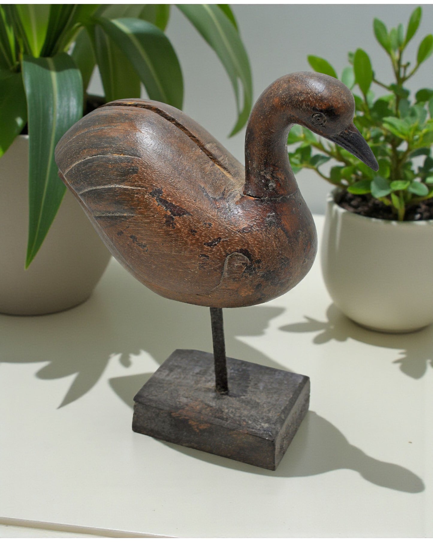 Vintage Wooden Duck Bird Figurine on Stand Original Old Hand Carved