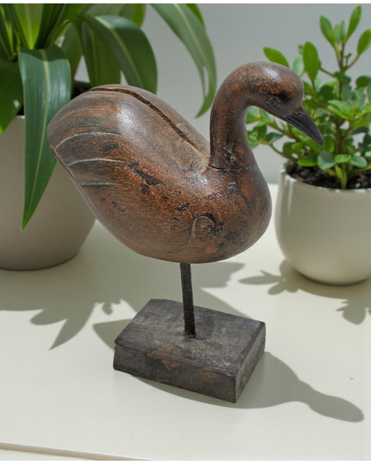 Vintage Wooden Duck Bird Figurine on Stand Original Old Hand Carved