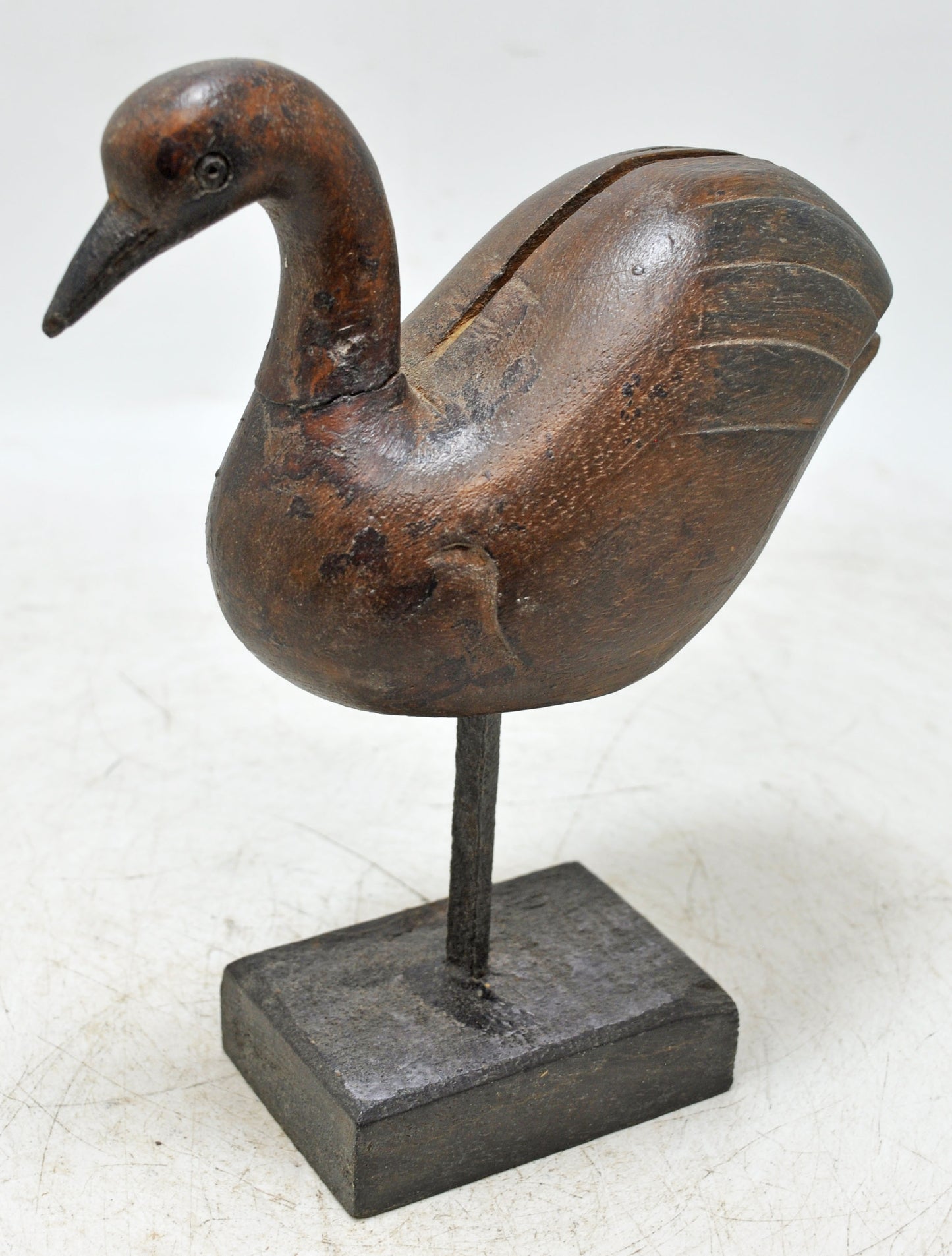 Vintage Wooden Duck Bird Figurine on Stand Original Old Hand Carved