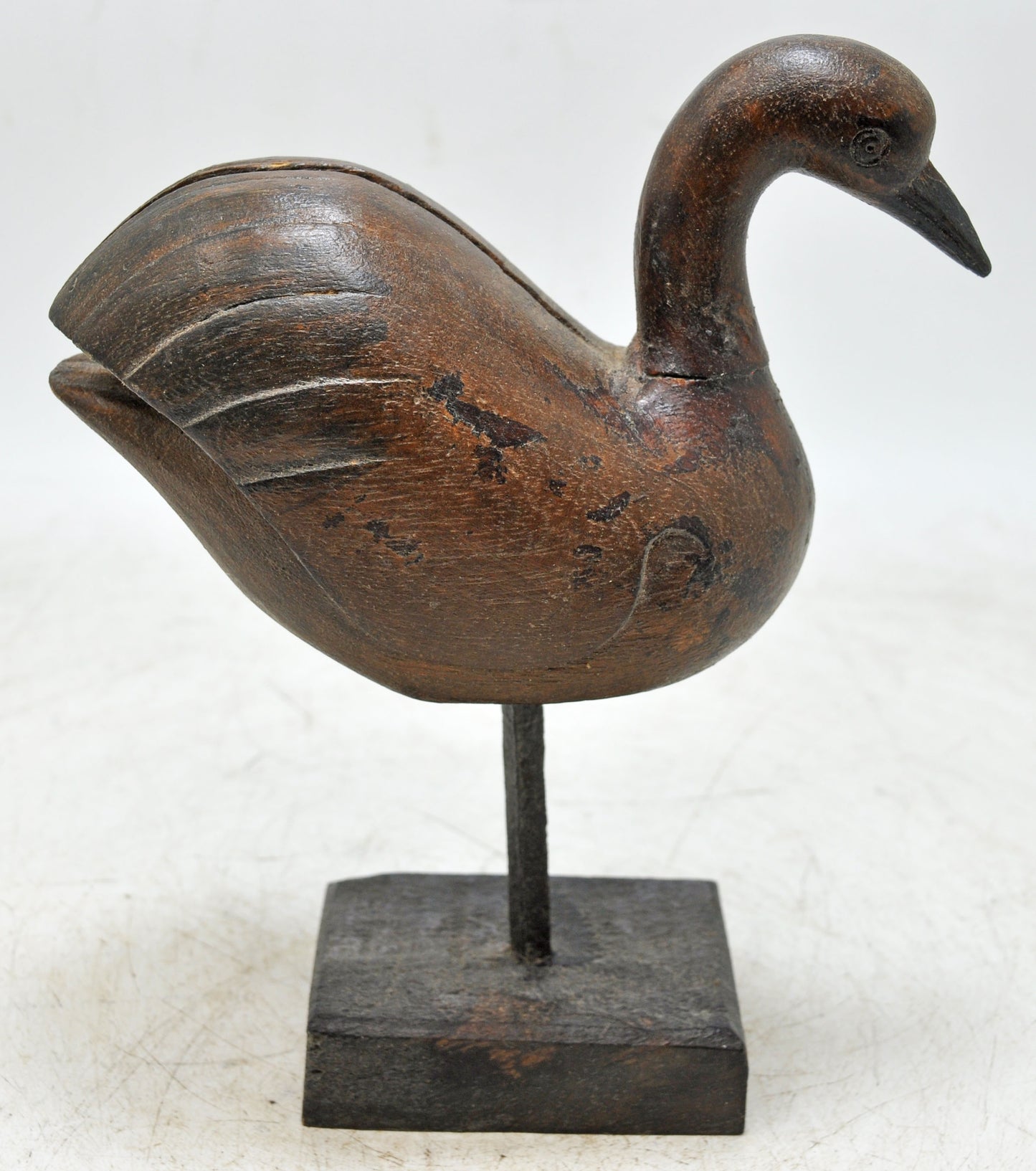Vintage Wooden Duck Bird Figurine on Stand Original Old Hand Carved