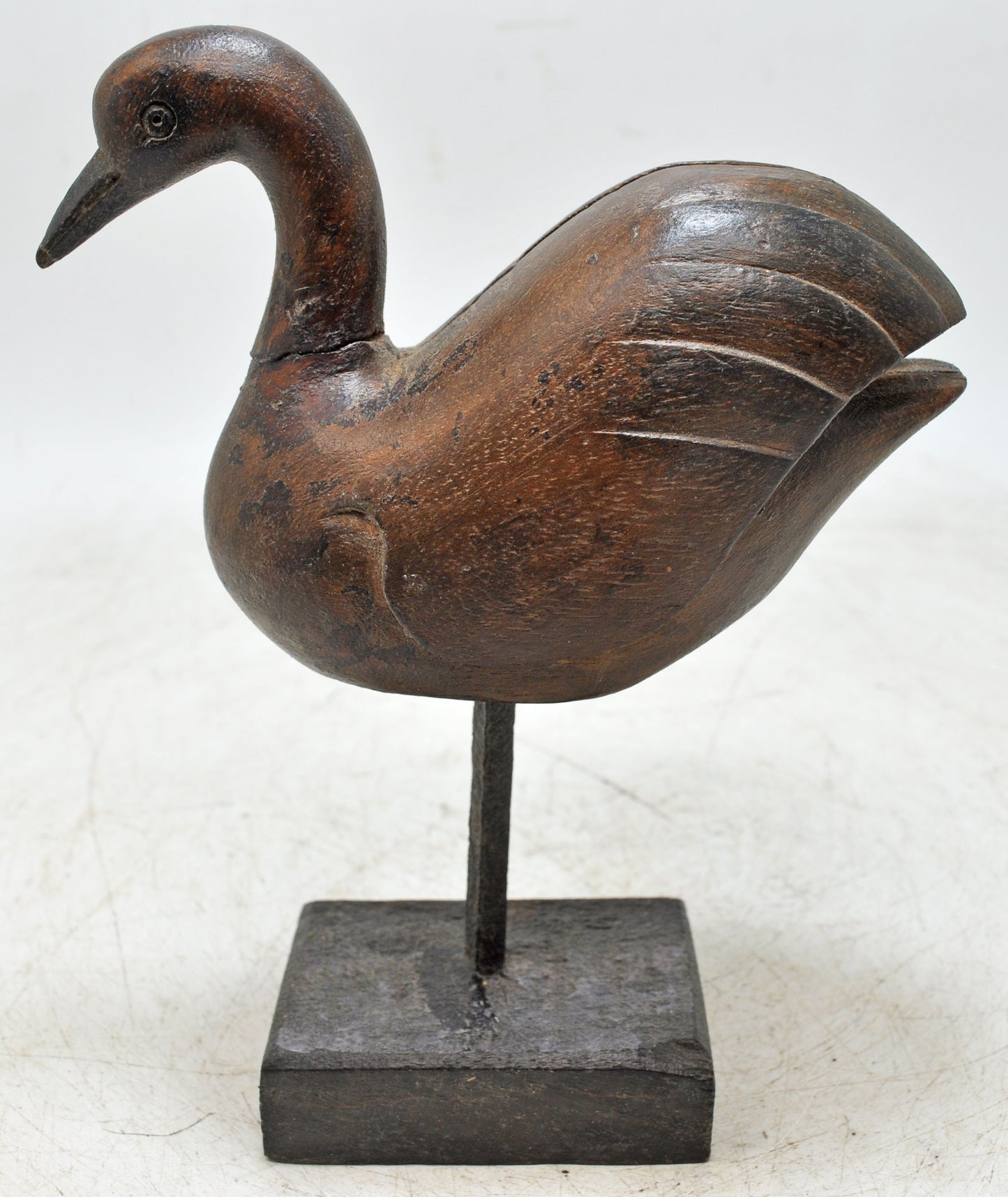 Vintage Wooden Duck Bird Figurine on Stand Original Old Hand Carved