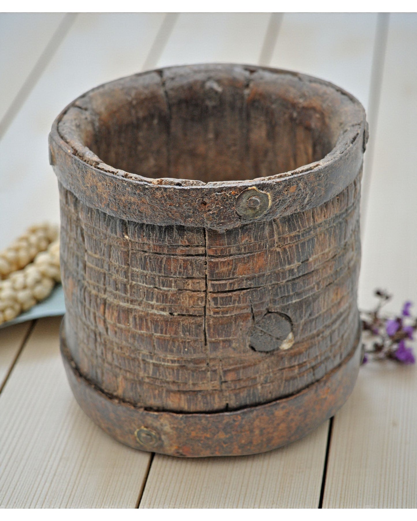 Antique Wooden Grain Measurement Paili Pot Original Old Hand Carved